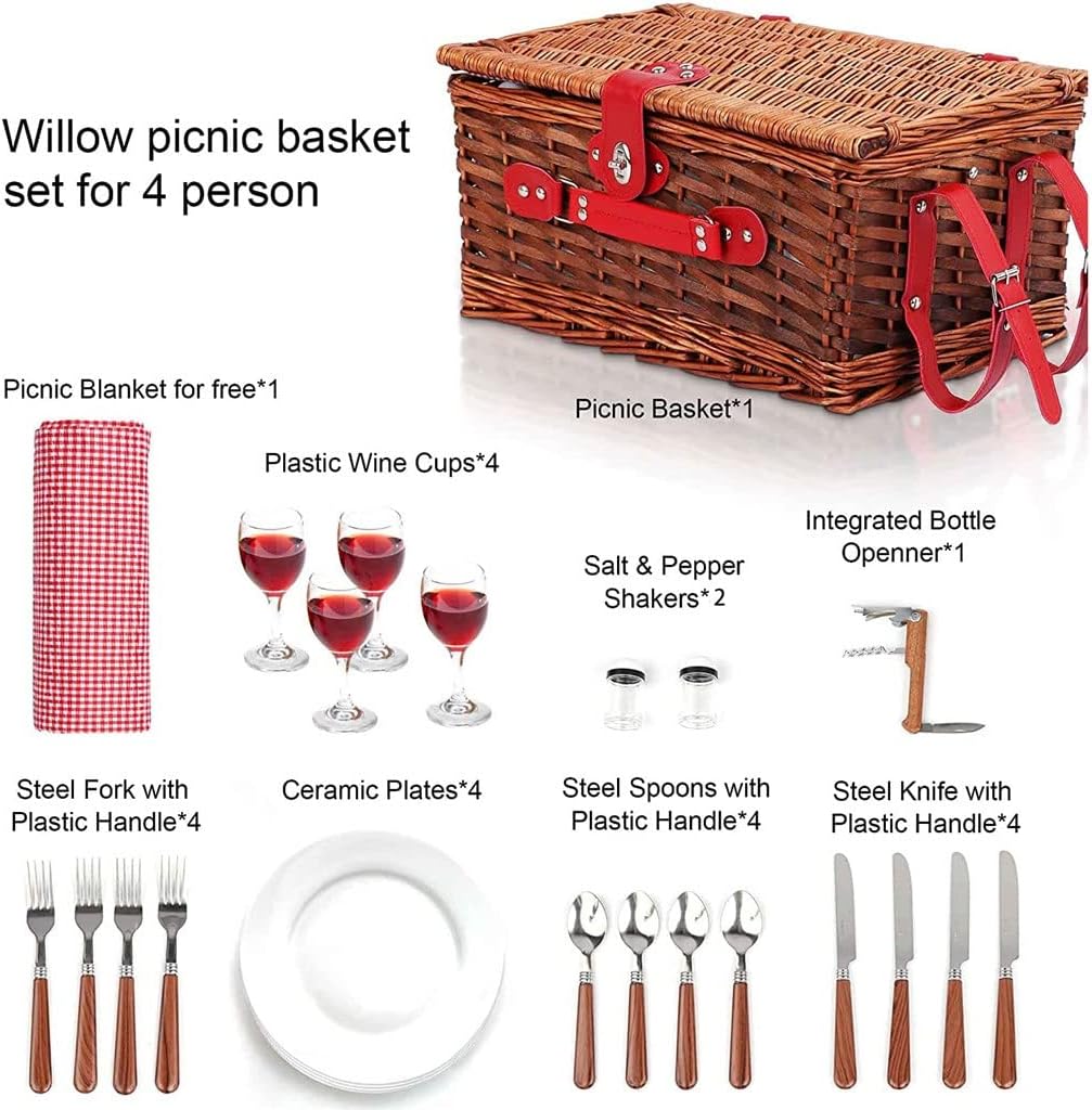 24PCS Handmade Wicker Picnic Basket Set for 4 Person with Waterproof Blanket for Family Outdoor Party