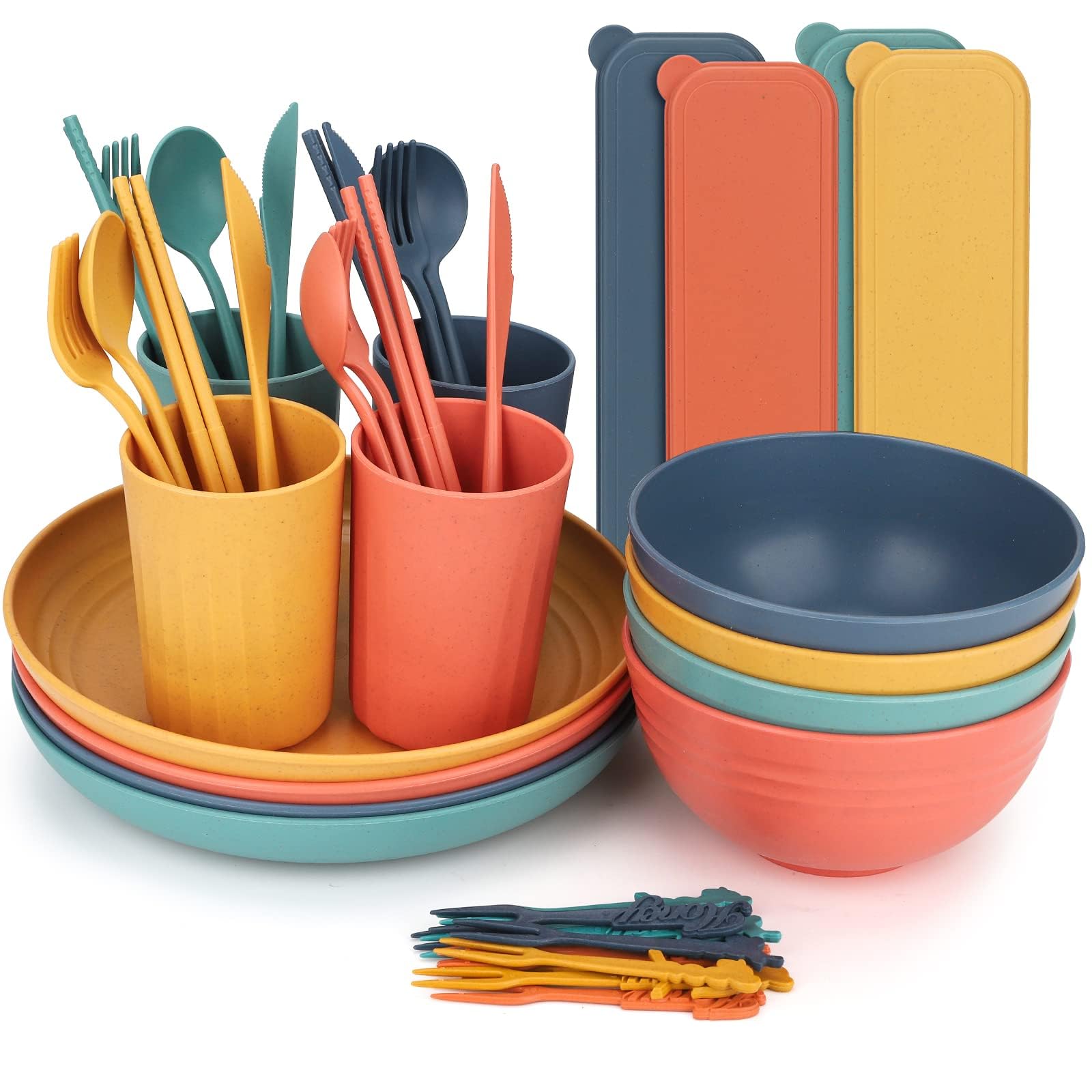 Set de Vaisselle de Camping Indestructible 44 Pièces - Assiettes et Bols Réutilisables pour 4 Personnes - Tasses et Couverts Complets pour Pique-nique, Fêtes et Famille