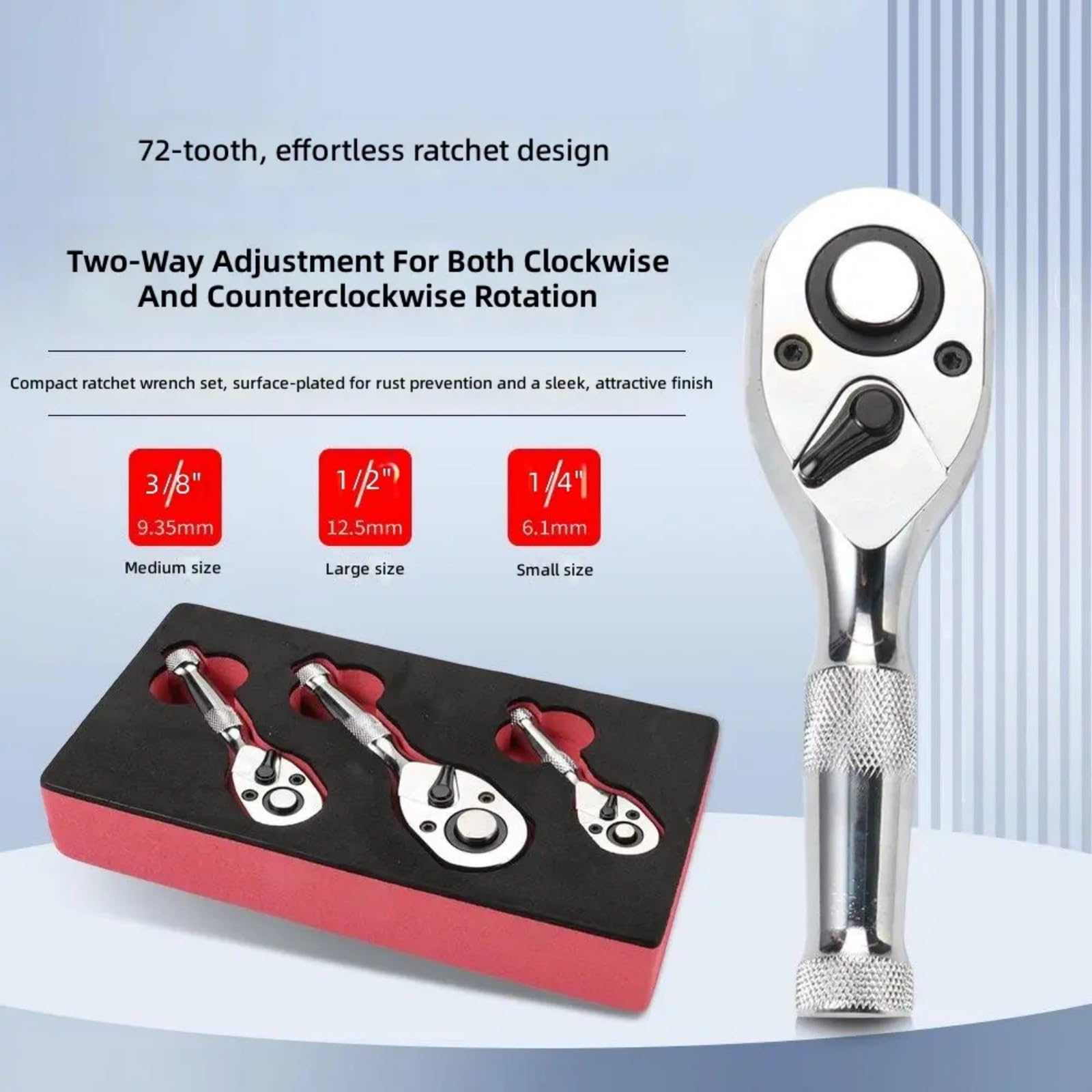 Llave de carraca con mecanismo de 72 dientes de 1/10.2 cm, 3/20.3 cm, 1/5.1 cm, interruptores reversibles, construcción de acero resistente, herramienta de trinquete ergonómica compacta para zonas