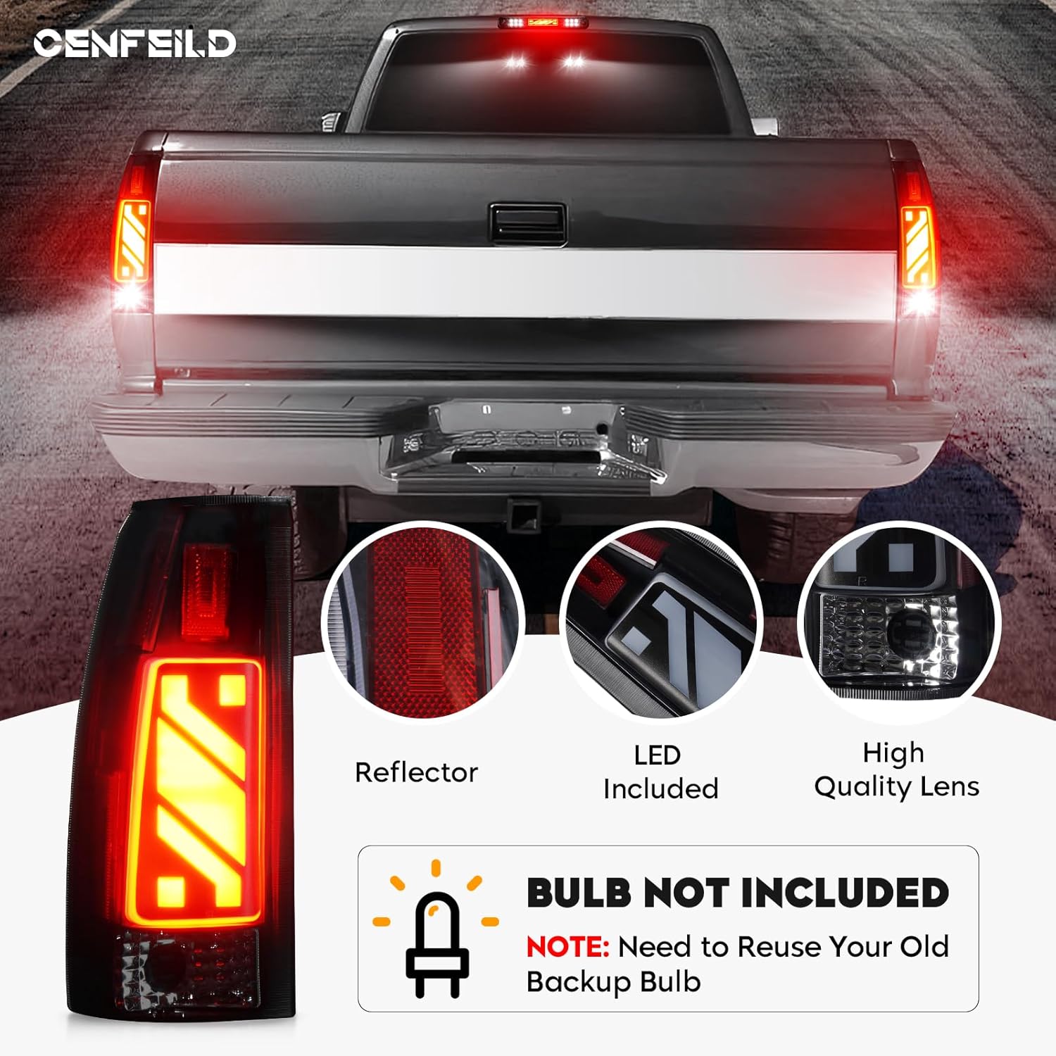 LED Tail Light + 3rd Third Brake Cargo Lamp Fit for Chevy & GMC C/K 1500 88-99, C/K 2500 3500 88-00, for Chevy Silverado 94-98, Blazer 92-94, Rear Taillight Assembly Smoked Lens