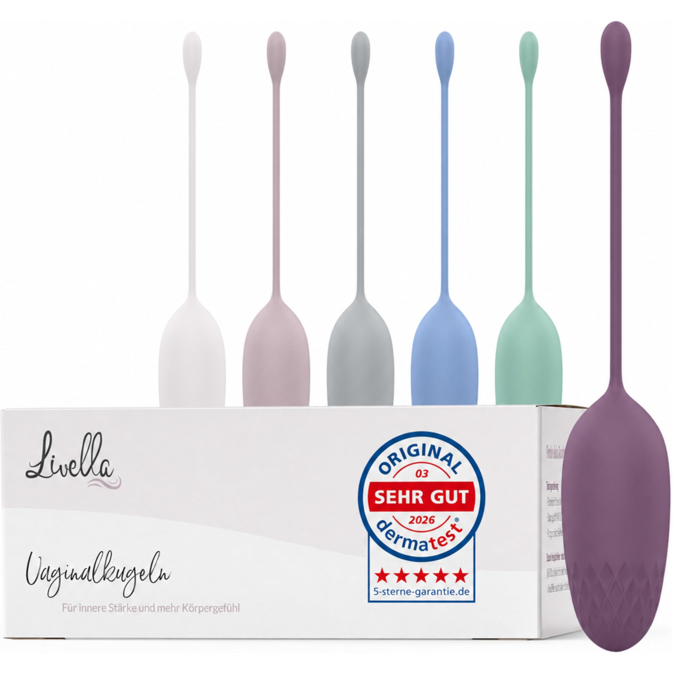 Livella | Beckenboden-Trainer mit 6 Gewichten 25-110 g, Vaginalkugeln aus Silikon mit Rückholband, abgestuftes Set für dein Training, vor und nach der Geburt, 6 Farben