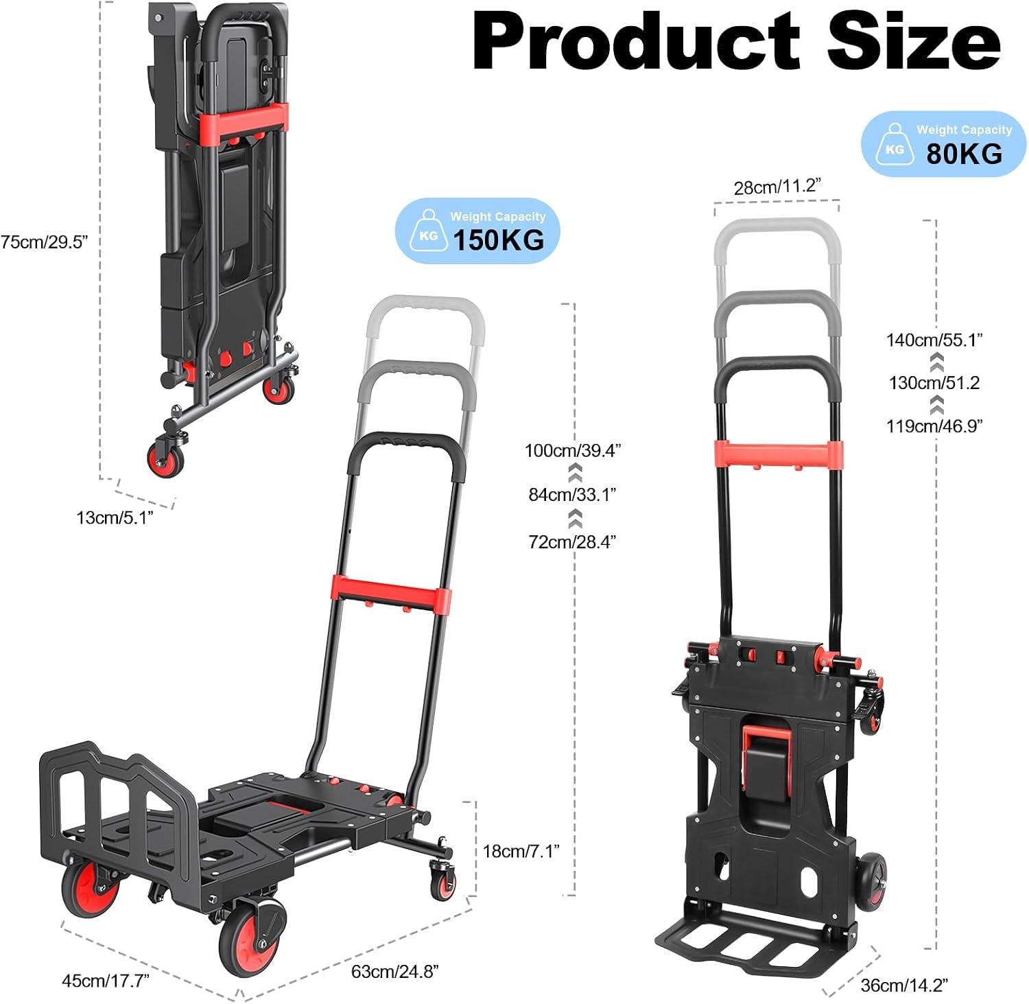 Carrello multiuso pieghevole, carrello per carichi pesanti, capacità di 150 kg, con maniglia regolabile e 4 ruote, per traslochi e shopping.