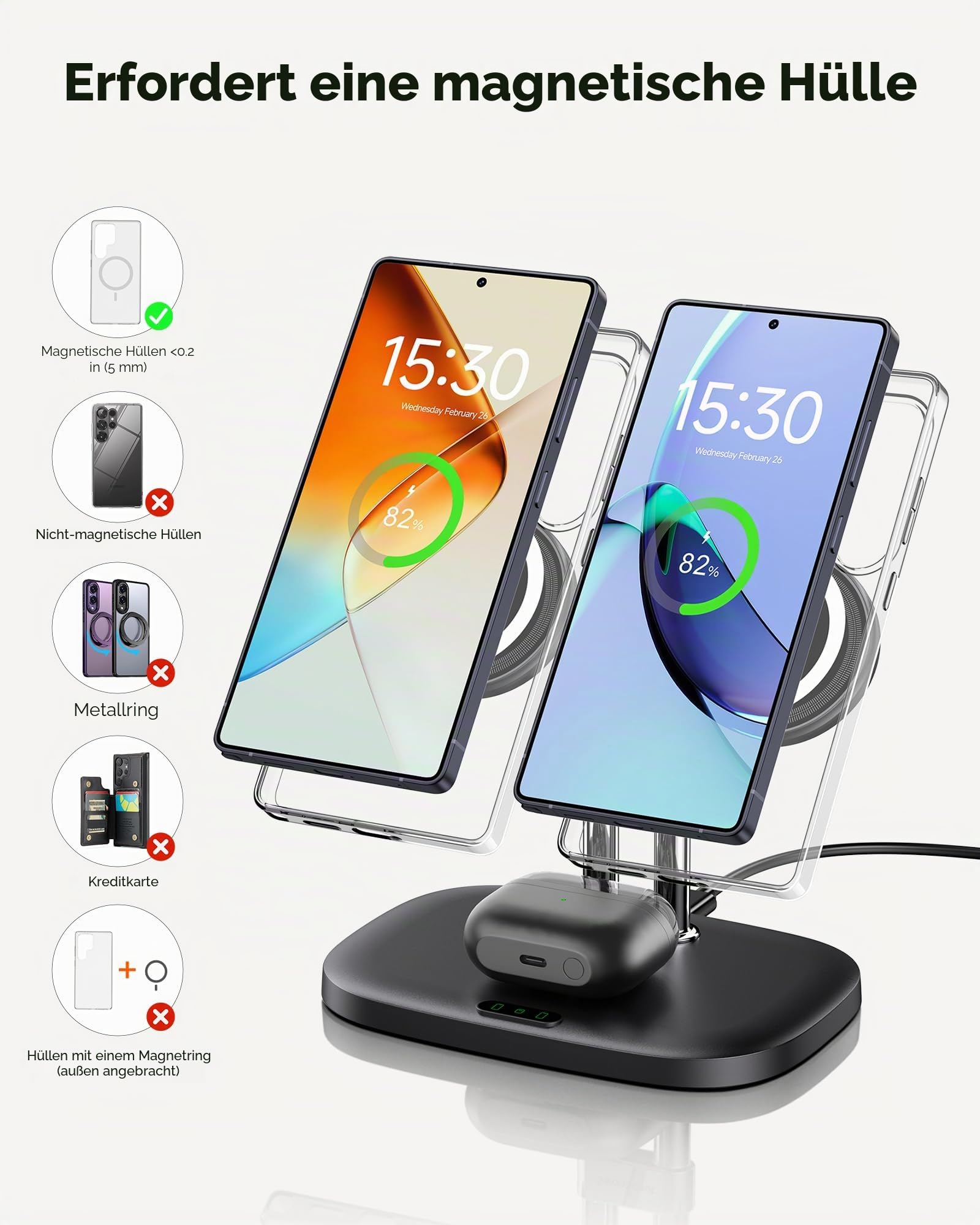 SwanScout MagSafe Doppel Ladestation für Samsung Galaxy S26 Ultra/S26+/S26/S25/Z Fold/Z Flip/S24/S23 Serie (Magnetische Hülle für Samsung Telefone erforderlich), für Galaxy Buds3 Pro, SwanScout 706SM