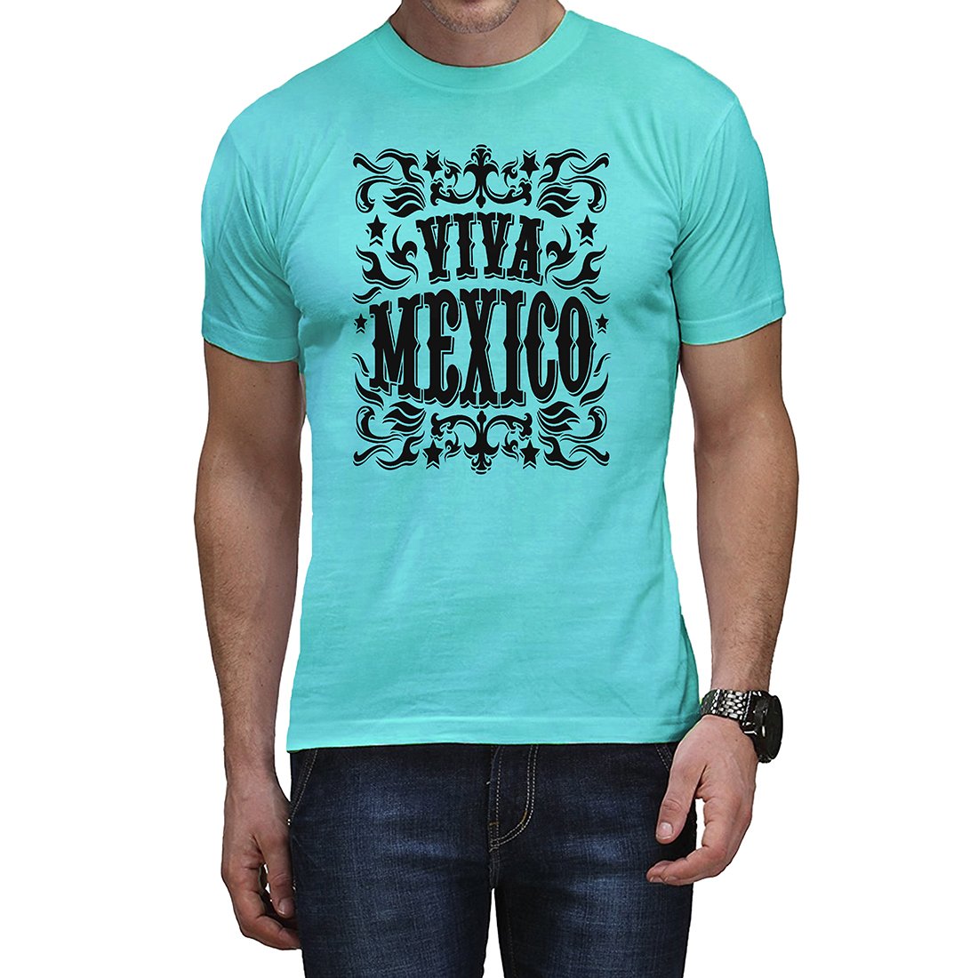 Casotec Black Viva Mexico Designer Polyester Sports Round Neck T-Shirt - Sky Blue