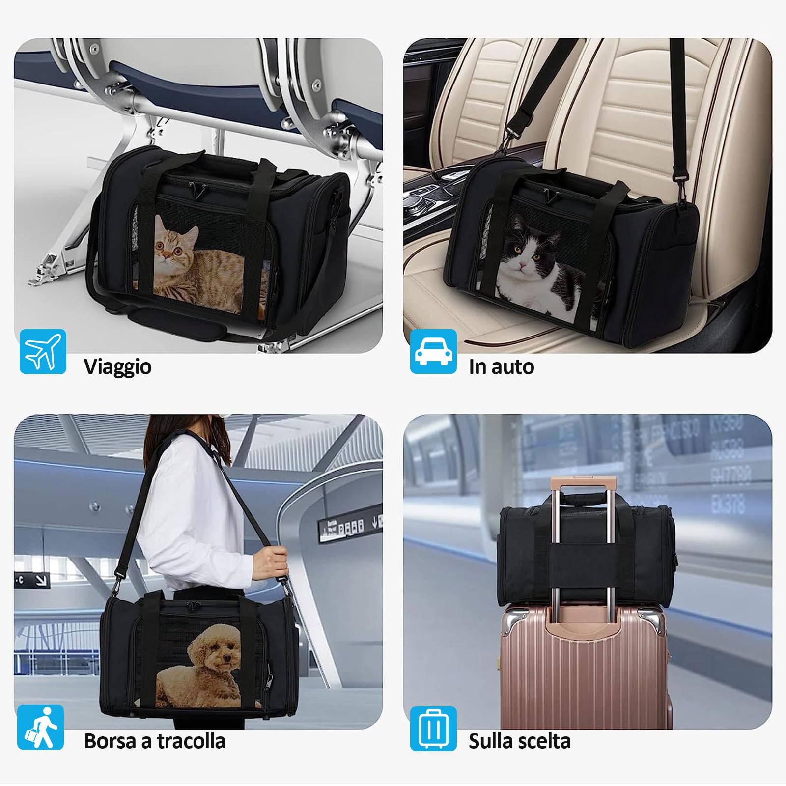 Trasportino per Cani e Gatti, Gabbietta per Animali Domestici, Tappetino Lavabile Rimovibile, con Tracolla per il Trasporto, Borsa Ripiegabile Viaggio Sull' Aereo (Nero)L 43 x B 28 x H 28 cm