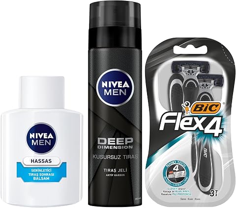 NIVEA Men Hassas Serinletici Tıraş Sonrası Balsam 100 ml, Hassas Ciltler, Alkolsüz Formül, Hızlı Emilir + Tıraş Jeli Deep Dimension 200ml + BIC Flex 4 Erkek Tıraş Bıçağı 3'lü Blister (4 Bıçak)