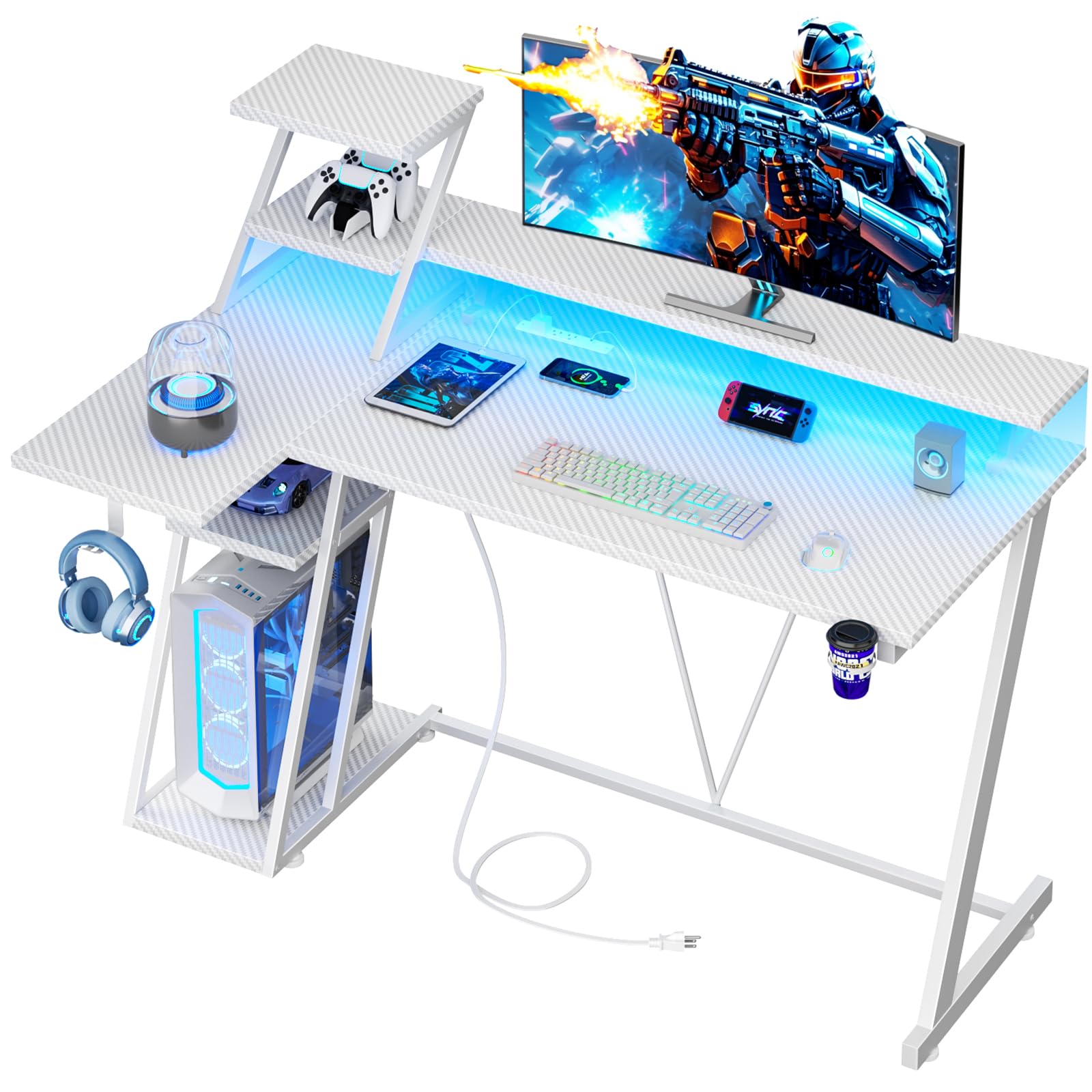 47 Inch White Gaming Desk with LED Lights & Power Outlet, L Shaped Gaming Table with Storage Shelves, Gamer Workstations with Monitor Stand for Bedroom