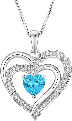 Inpasne Love Heart Necklace for women 925 Sterling Silver Aquamarine Necklace Ma