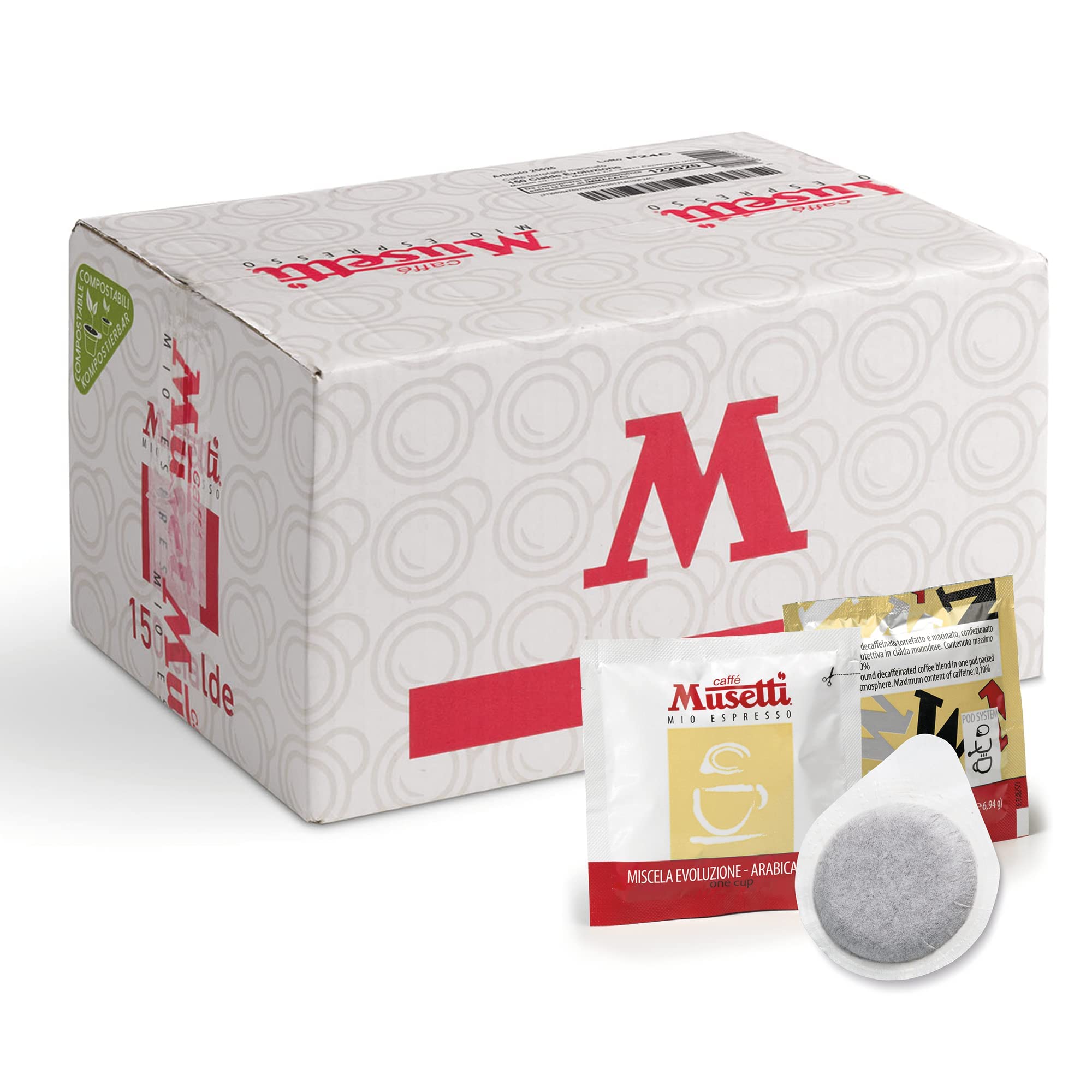 Musetti Kaffee, 150 kompostierbare Kaffeepads, 100% Arabica Evolution Blend mit zartem und fein-säuerlichem Geschmack, in 44 mm Filterpapier