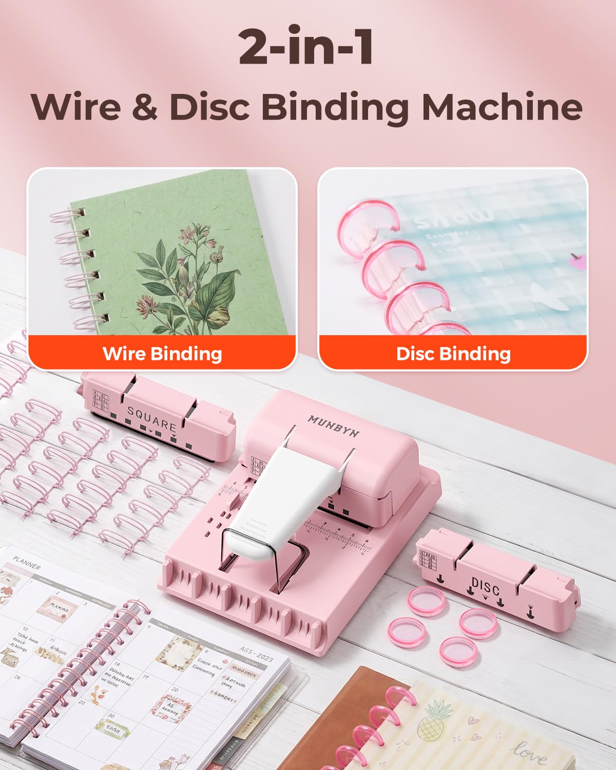 MUNBYN Encuadernadora, Cabezales Intercambiables, Perfora Papel A4 70g, para Planificadores A4/A5/B5, Diarios DIY y Scrapbooks – Rosa