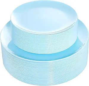 KIRE 60PCS Blue Plastic Plates Disposable - Heavy Duty Light Blue Plates Include 30Pcs 10.25” Dinner Plates and 30Pcs 7.5” for Dessert/Salad in Baby Shower/Picnic