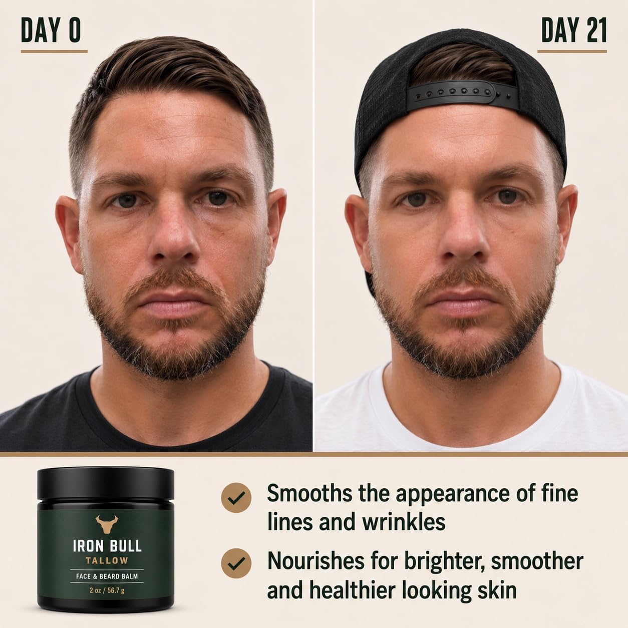Iron Bull Beef Tallow Face Moisturizer for Men with Hyaluronic Acid, Jojoba Oil, 2 oz