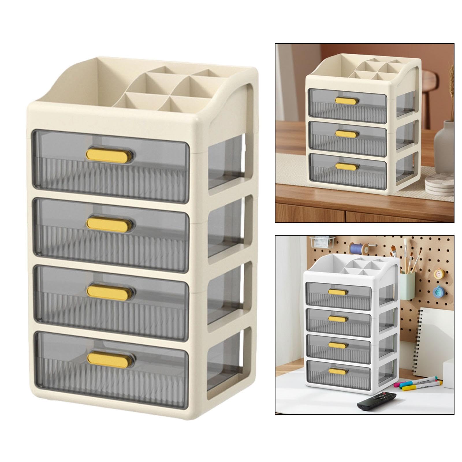 Desk Organizer Cassetti Mobili Porta Cancelleria Contenitore Makeup Compartimenti Grandi Organizer per Ufficio Scuola Casa Bagno, Crema Marrone a 4 Livelli