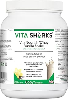 VitaNourish Whey Shake (vainilla) - Bebida vegetariana rica en proteínas para aumentar la masa muscular, fortalecer los huesos y estimular el sistema inmunológico sin OMG