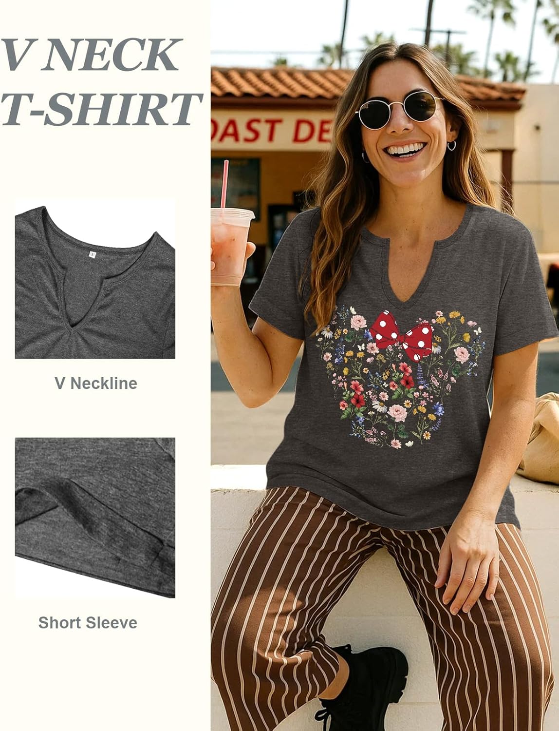 Flafens V Neck T-Shirts for Women - Graphic Short Sleeve Tees Tops Fashion Trendy Soft Casual Summer Outfits Clothes - Image 5