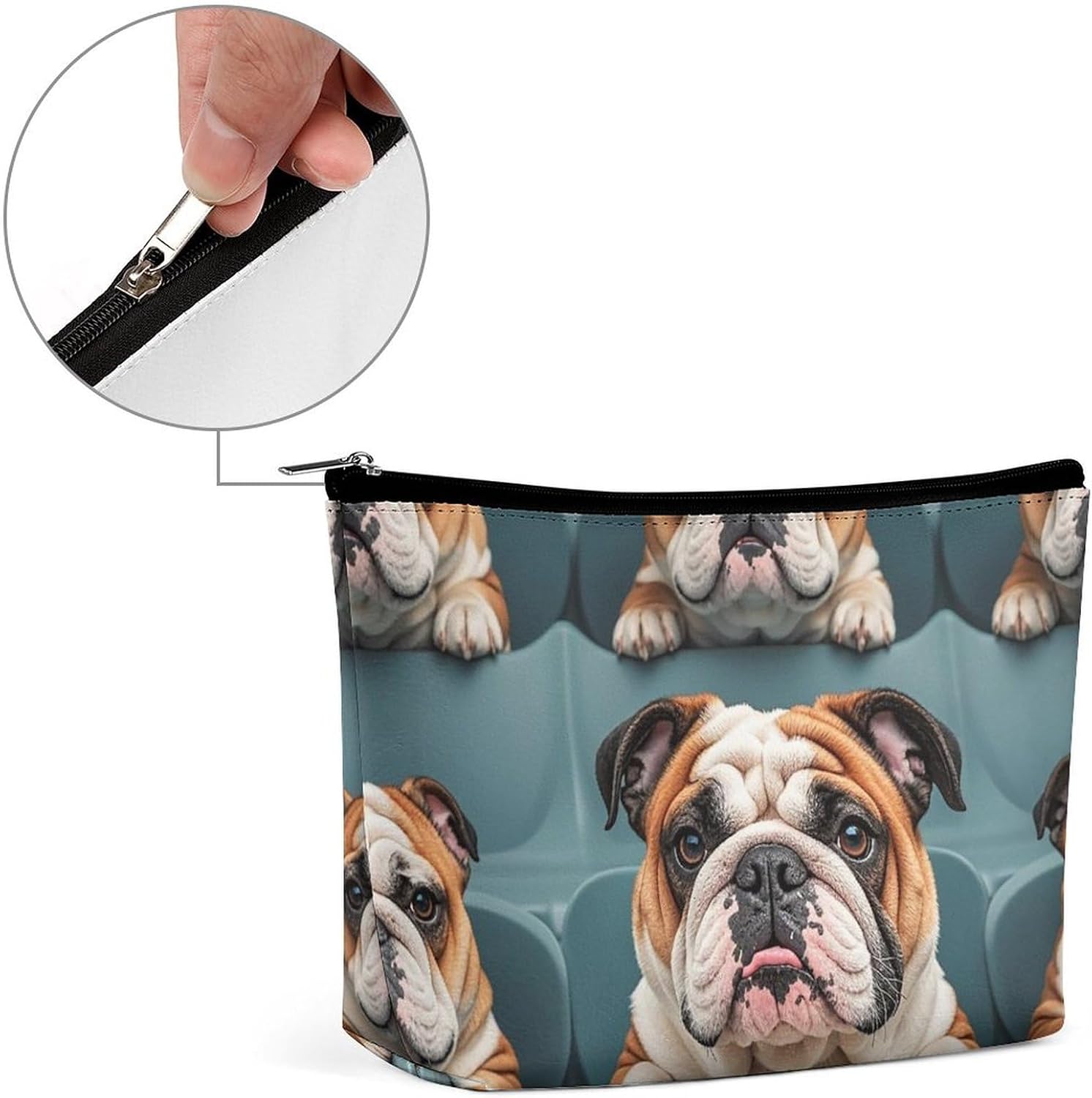 PU Leather Funny English Bulldog Makeup Bag with Metal Zipper image 4