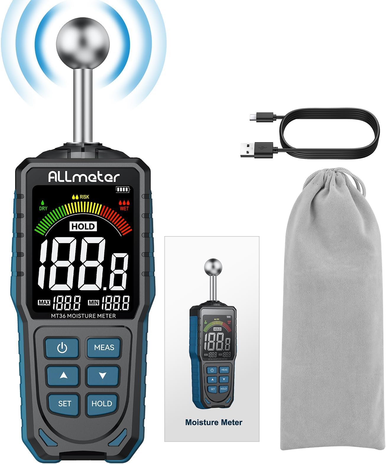 Spherical Inductive Moisture Meter Pinless Moisture Meter 5-40mm Analysis Depth with 3 Color LCD Indicator,USB Rechargeable Wood Meter Light Buzzer Alarm for Wall,Wood,Masonry,Concrete.Home Inspection