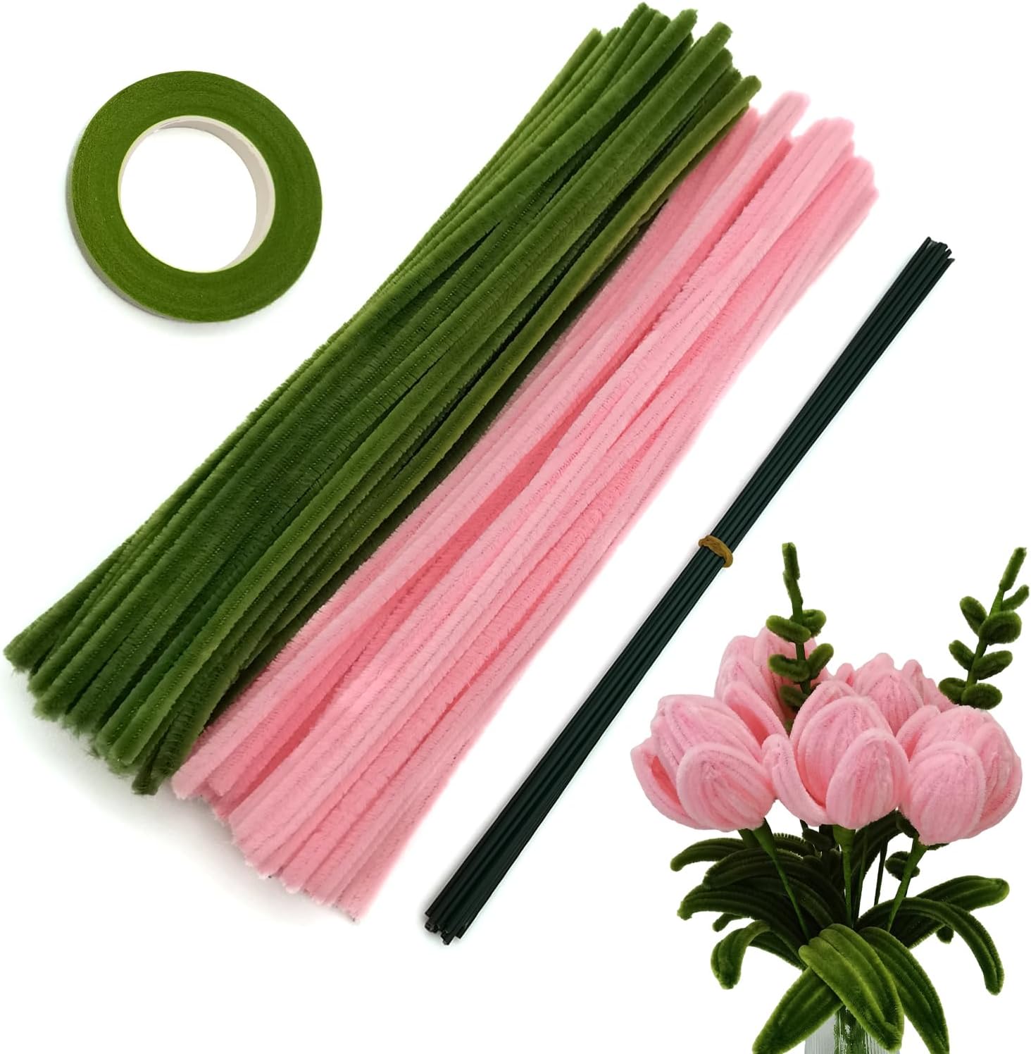 Cldamecy 200 pcs Pink OliveGreen Pipe Cleaners Set with Floral Wires & Gardening Tape, Chenille Stems Pipecleaners for Tulip Bouquet Making,Kids DIY Craft Projects and Decorations