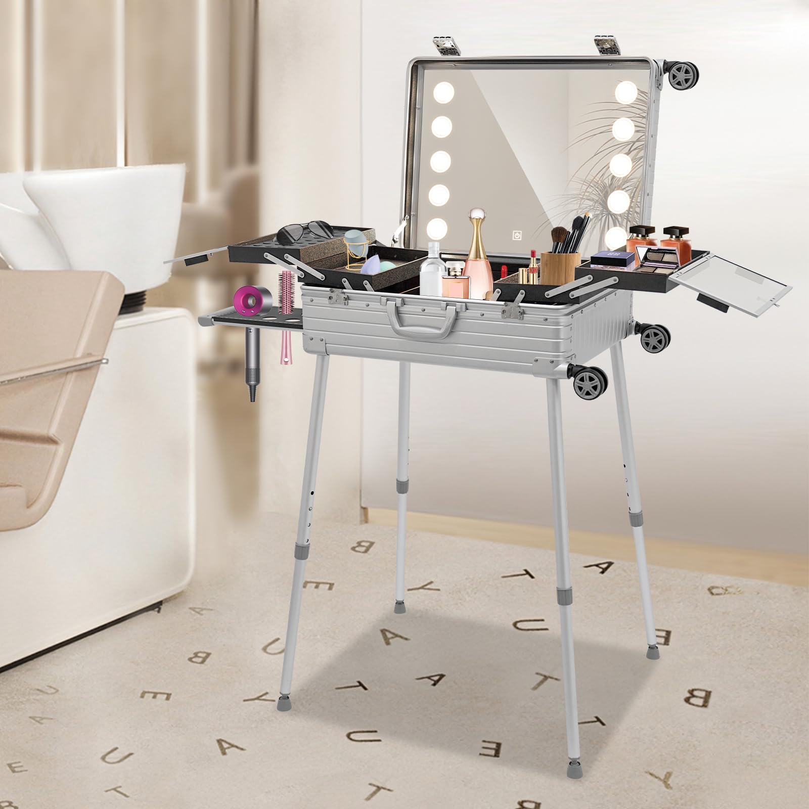 Walizka na kosmetyki 3 w 1, walizka na kółkach, 24", zamykana aluminiowa walizka na kosmetyki z rolkami, regulowanymi nogami, lustrem i oświetleniem LED, przenośny organizer do makijażu dla