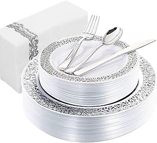 WDF 150PCS Silver Plastic Plates with Disposable Plastic Silverware&Hand Napkins, Lace Design silver plates include 25 Dinner Plates,25 Salad Plates,25 Forks, 25 Knives, 25 Spoons,25 Napkins