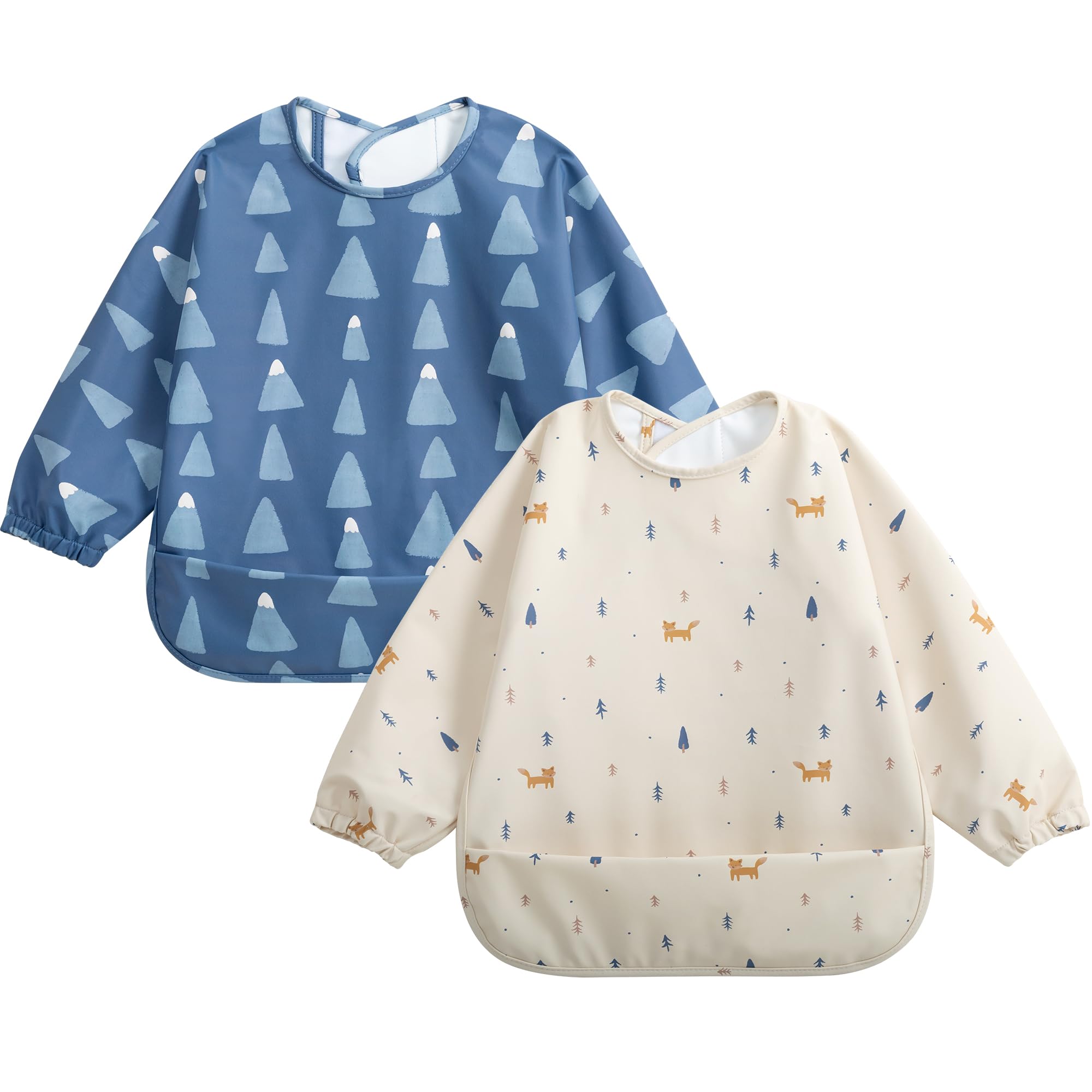 Little Dimsum Bibs with Sleeves-Waterproof Baby Bibs for Baby Led Weaning, Long Sleeved Toddlers Feeding Bib Apron, Food Protection Large Pocket Coverall，for Baby Infant Toddlers (Fox&Mountain)