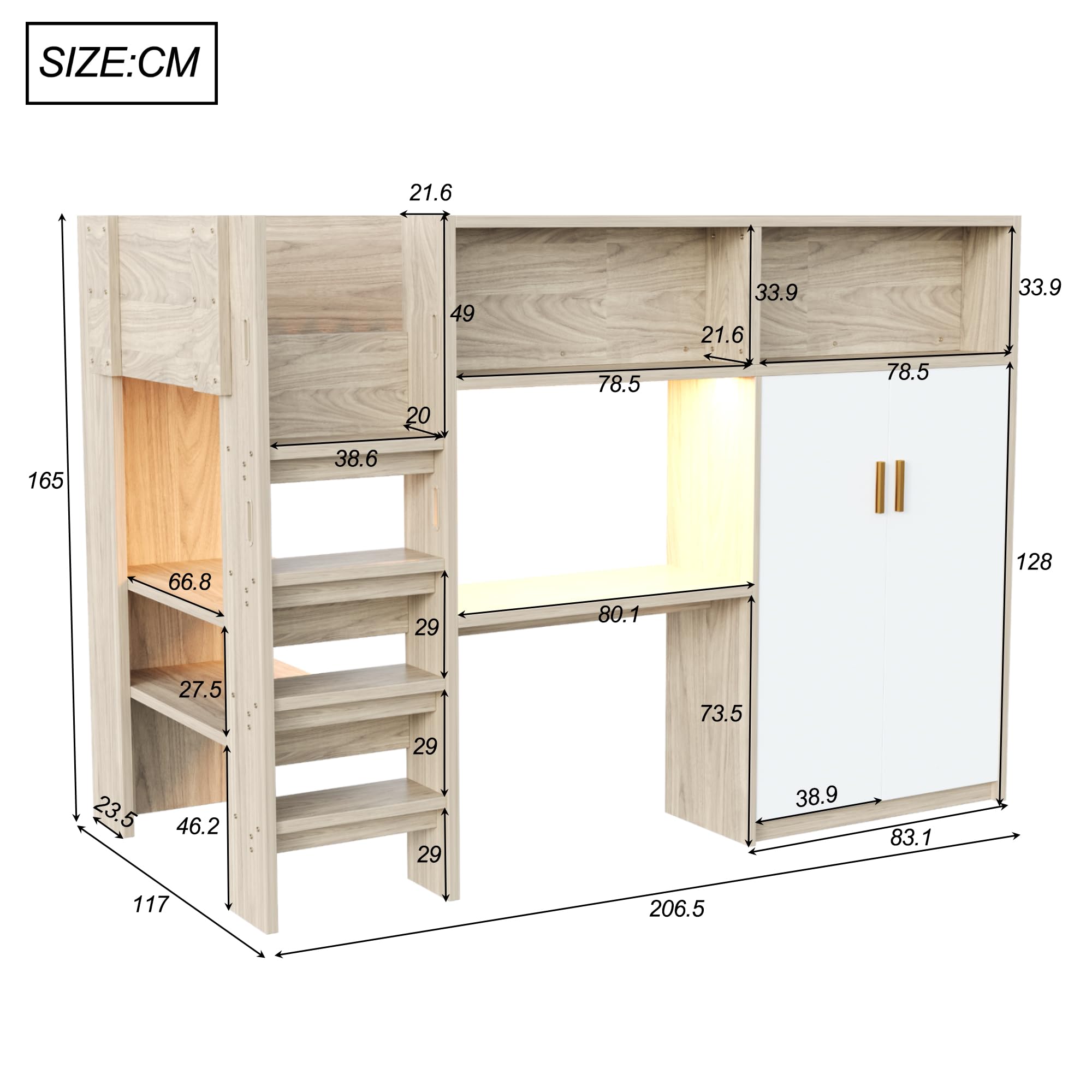 Dolamaní Łóżko dziecięce piętrowe 90 x 200 cm, z biurkiem, szafą na ubrania, regałem, schowkami i oświetleniem LED, dla młodzieży, chłopców i dziewczynek, bez materaca (kolor drewna A)