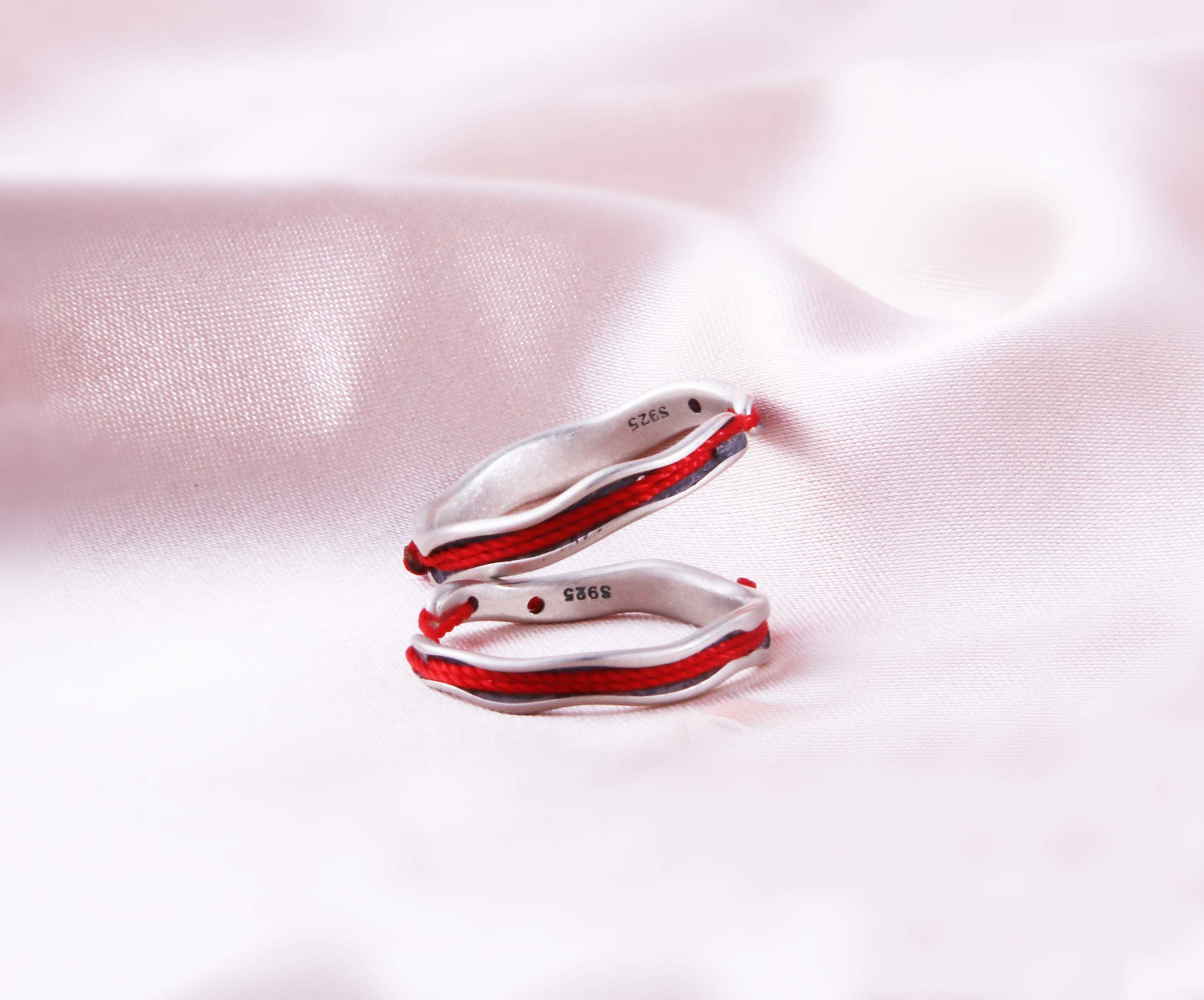 Helen de Lete Romantico anello aperto in argento Sterling 925 con filo rosso, set di 2 anelli per coppie, Argento sterling