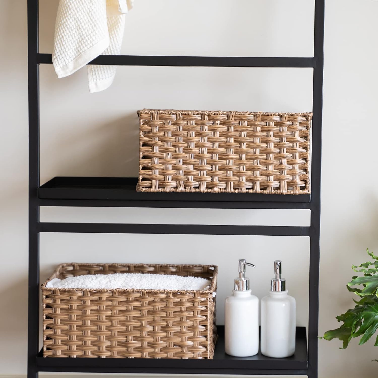 Wicker Baskets 2 Pack, Wicker Storage Basket with Handles, Waterproof Woven Baskets for Organizing, Large Storage Basket 15" and Medium 14", Brown