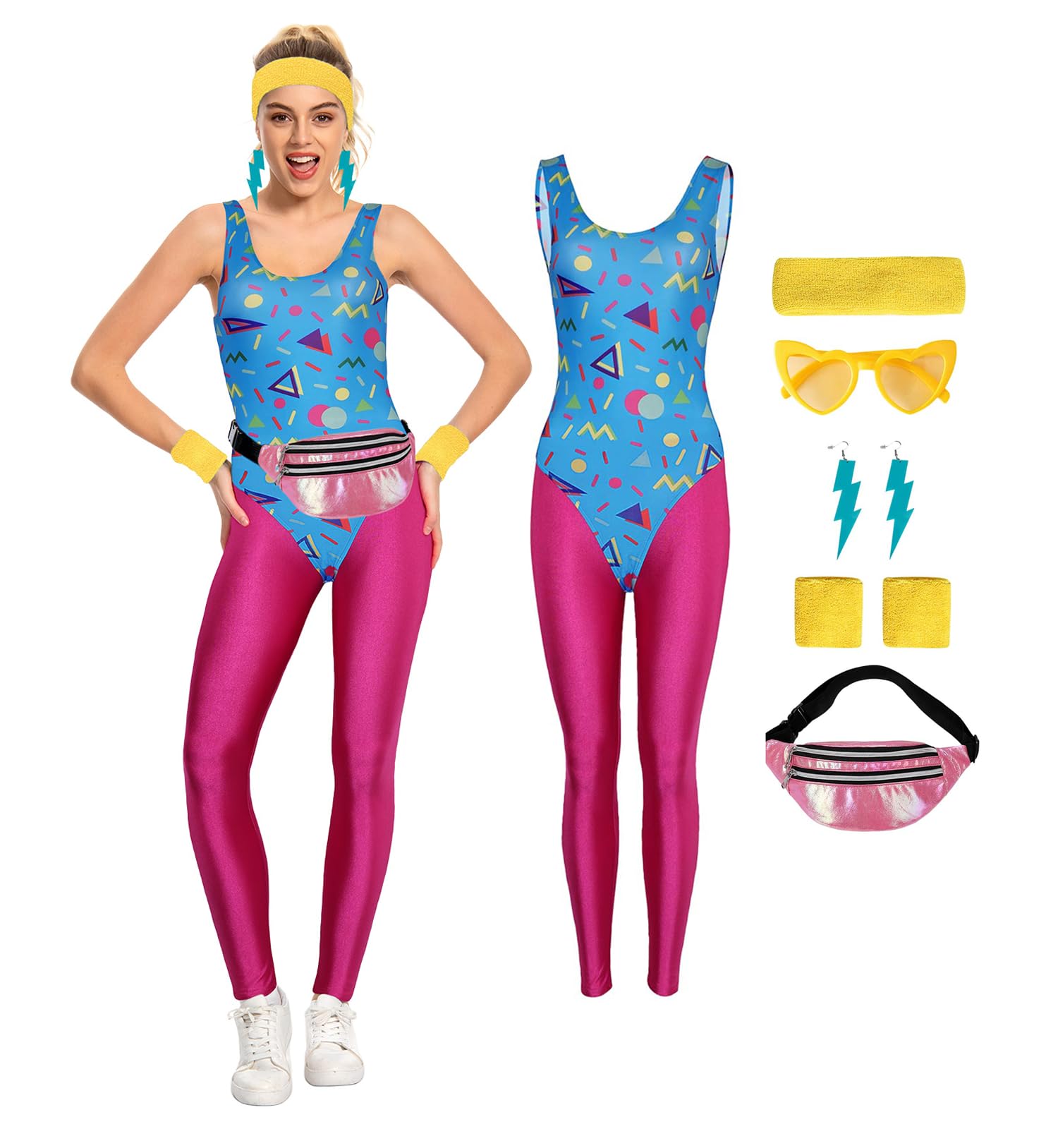 Cyborey 80s Workout Costume Women Colourful Vintage Aerobics Jumpsuit Fancy Dress