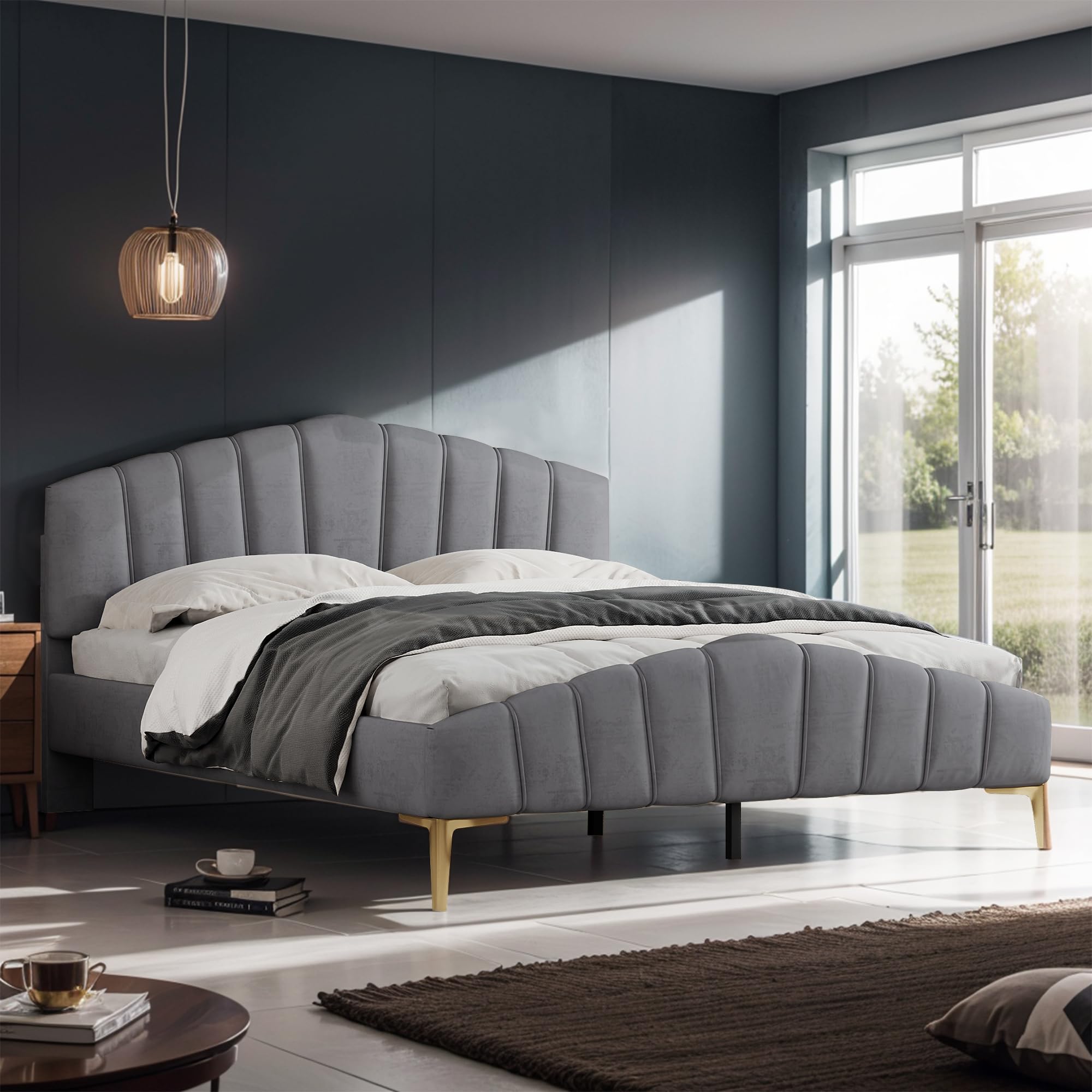 Velvet Queen Size Upholstered Bed Frame with Headboard, Noise-Free Design?Refined Metal Supports-Grey