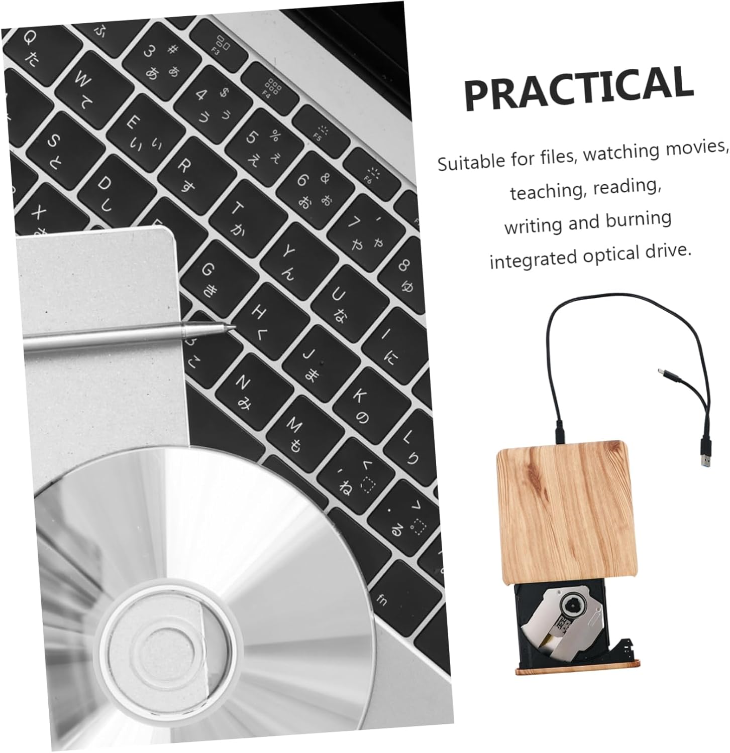 Wood Grain USB 3.0 External DVD Drive for Laptop and Computer Type-C Compatible CD DVD Burner High-Speed Data Transfer for Personal and Professional Use