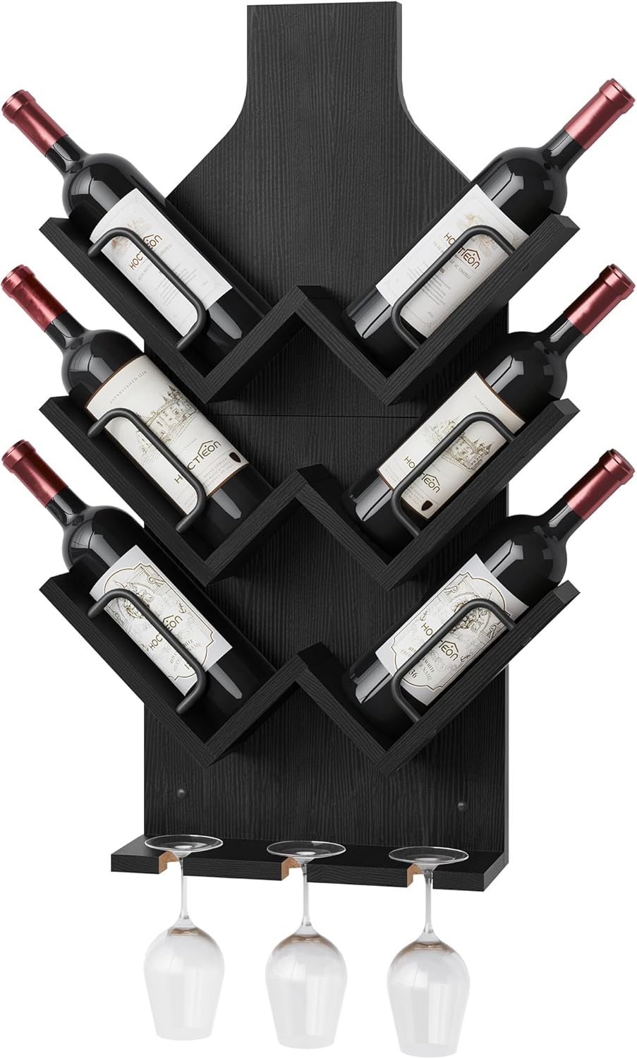 Hoctieon Wine Rack Wall Mounted, 6 Bottles Wood Wine Rack for Display and Storage, Hanging Bottle Holder Bar Shelves for Living Room, Kitchen, Dining Room, Wine Cellar, Black