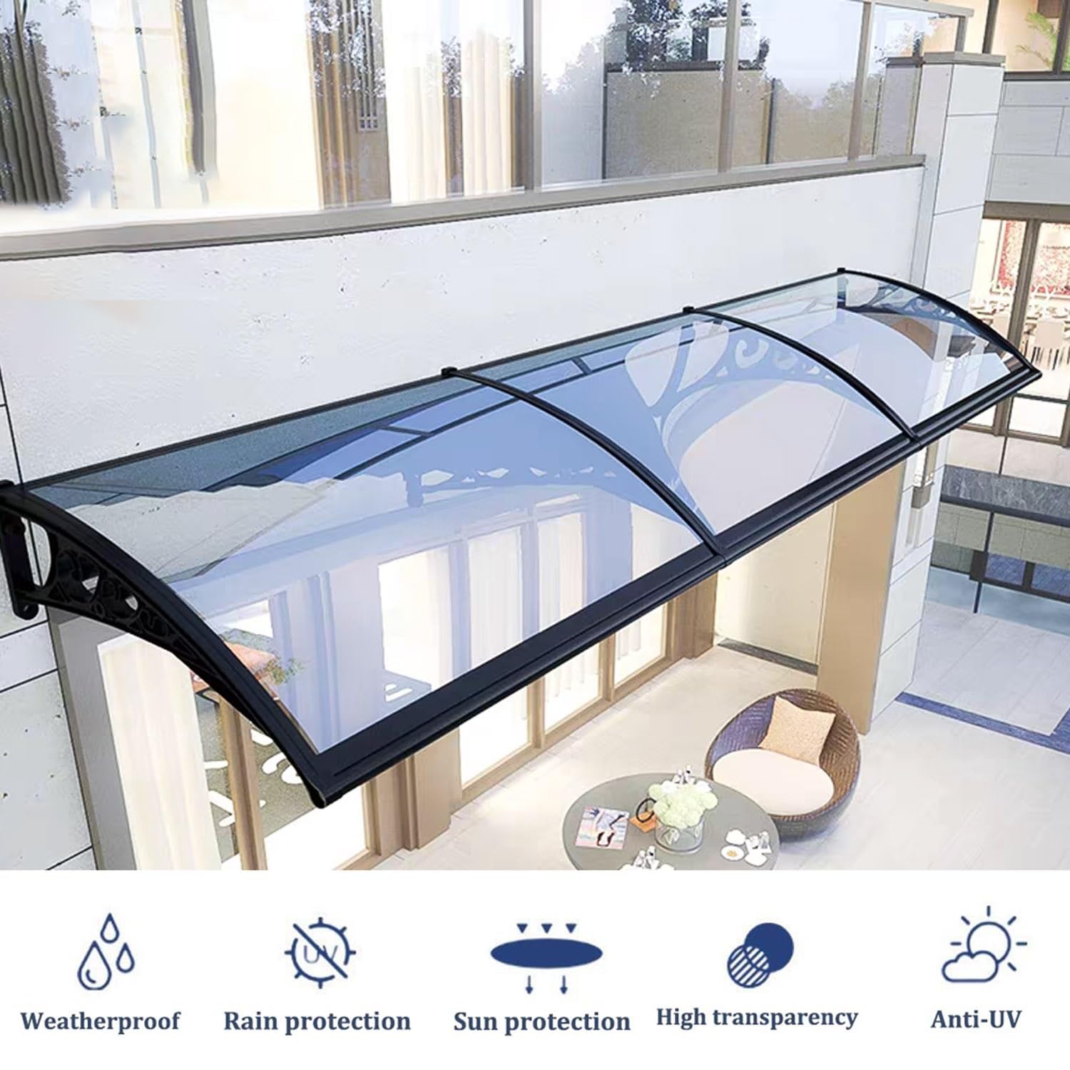 Zewnętrzne drzwi tarasowe – baldachim z aluminiowymi wspornikami, odporny na promieniowanie UV i deszcz, ochrona przed wejściem i oknem, 119 x 380 cm, niebieski (Lake Blue)