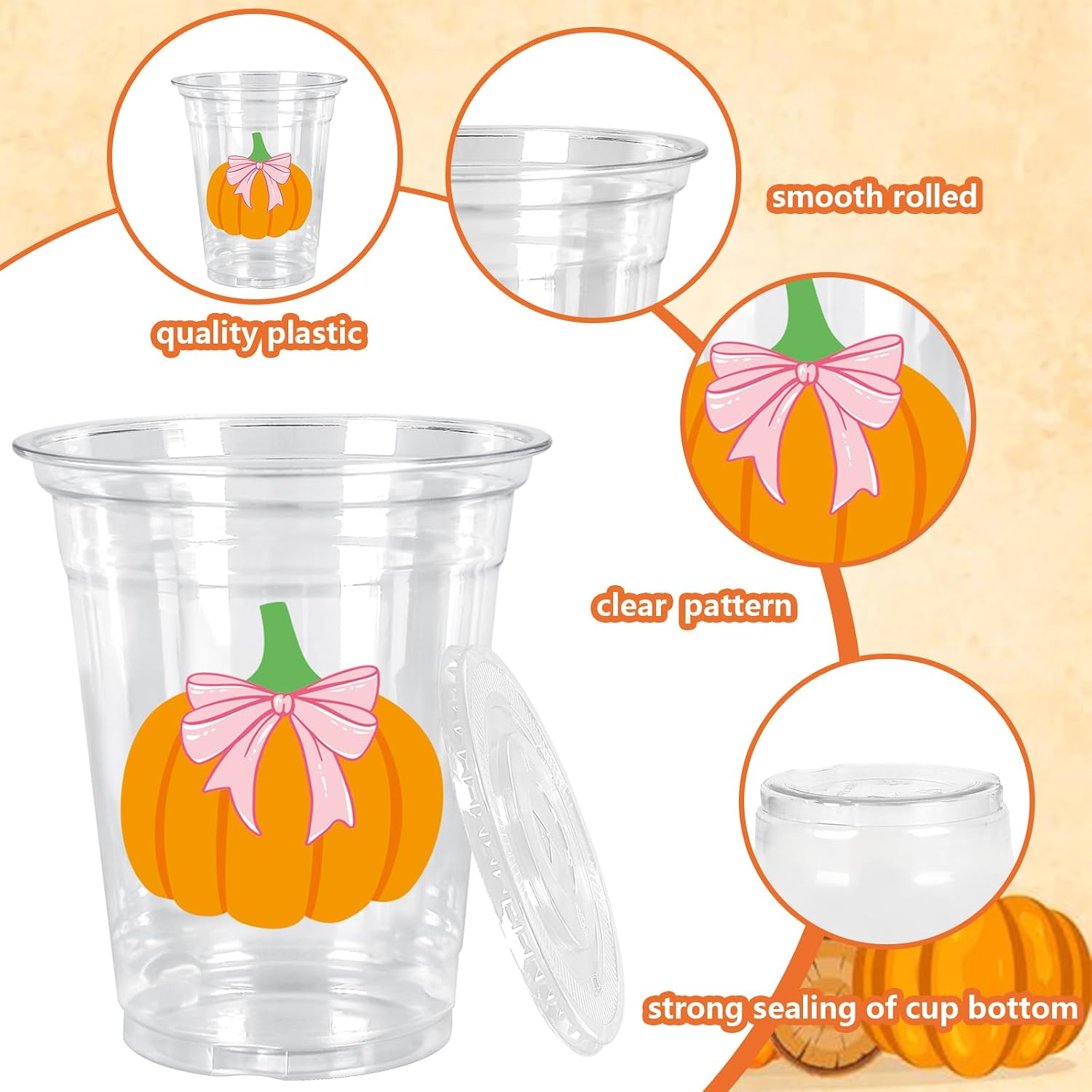 JarThenaAMCS 50Pcs 12oz Fall Plastic Cups, Pink Bow Pumpkin image 3