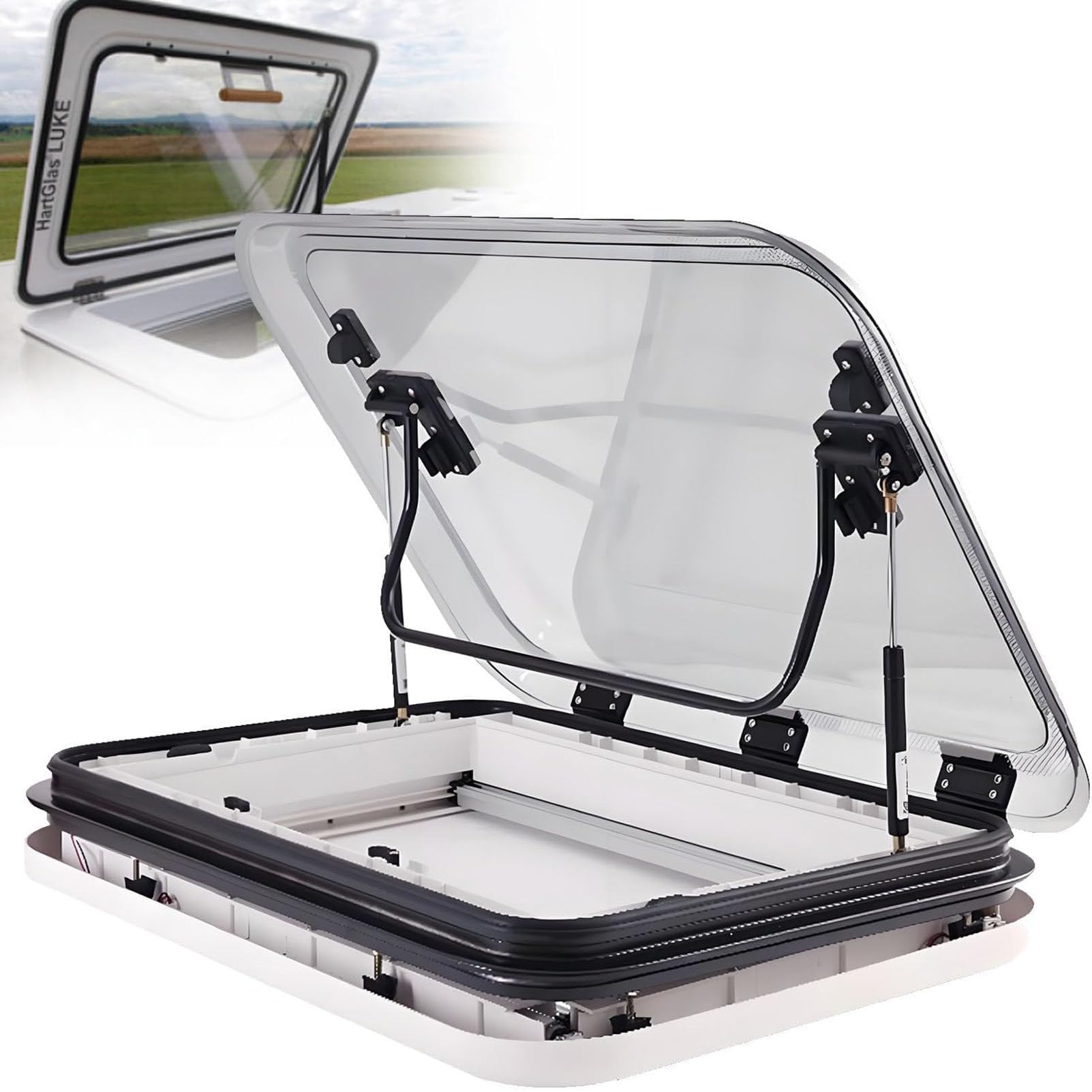 Okno dachowe do kampera z diodami LED, siatkami i siłownikiem gazowym – akrylowe okno dachowe odporne na promieniowanie UV (pasuje do dachów o grubości 25–60 mm) 50 * 50cm/19.69 * 19.69in