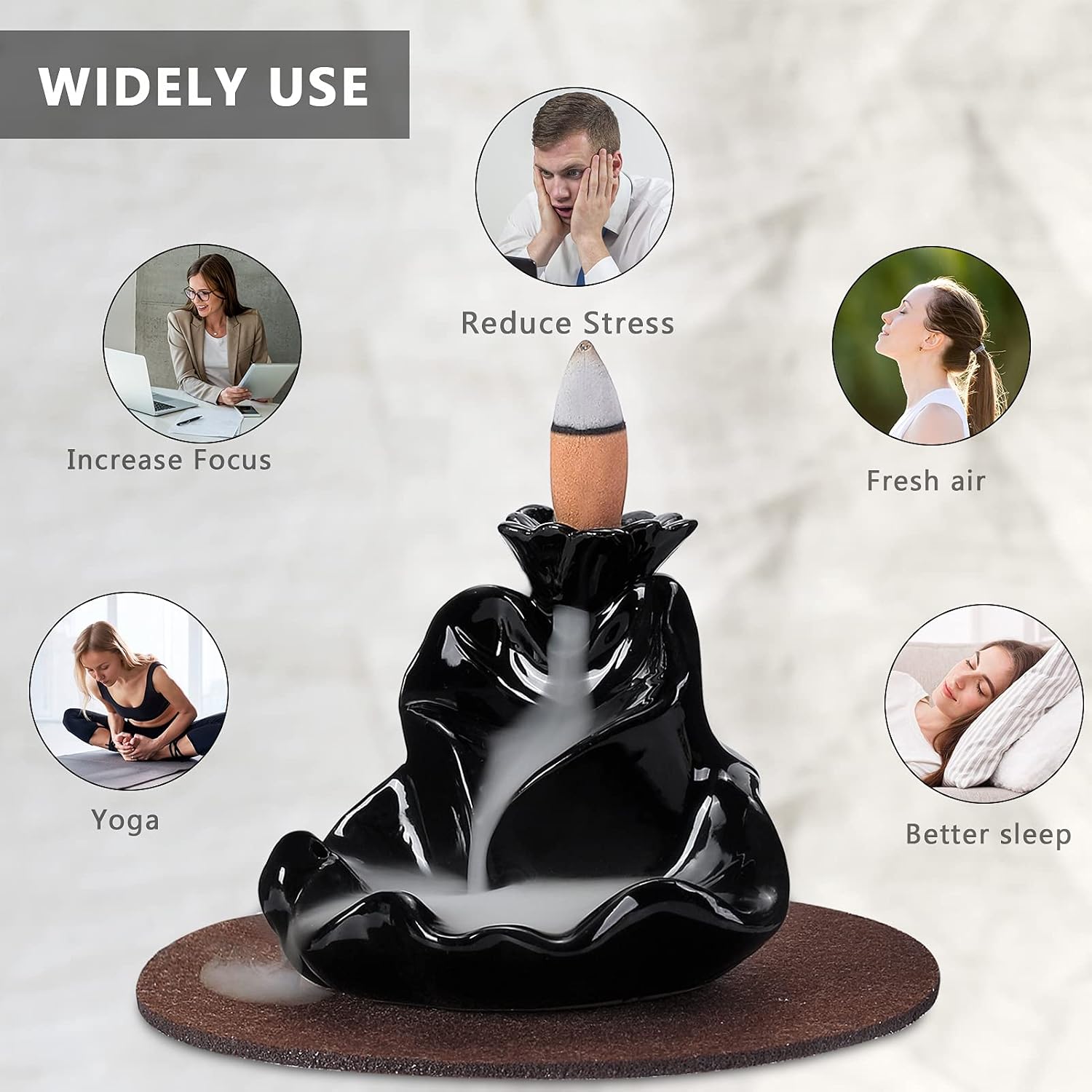 SOLEJAZZ Waterfall Incense Burner, Ceramic Backflow Incense Holder, Inscent Stick Stand Censer with 30 Incense Cones & Incense Sticks for Home Office Yoga