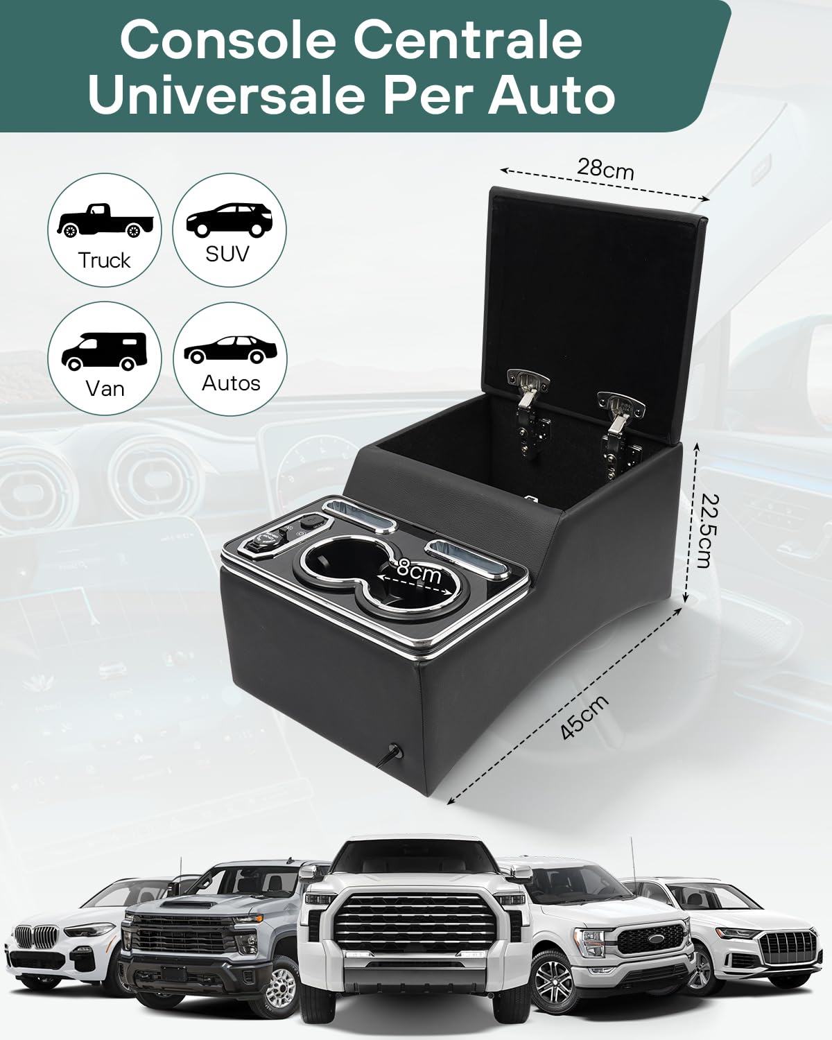 Console Centrale Auto Universale, Console Centrale con Vano Portaoggetti Aggiornato con Luci LED a 7 Colori e 4 Livelli di Luminosità Regolabili per Van, SUV, lkw, Bus, Auto