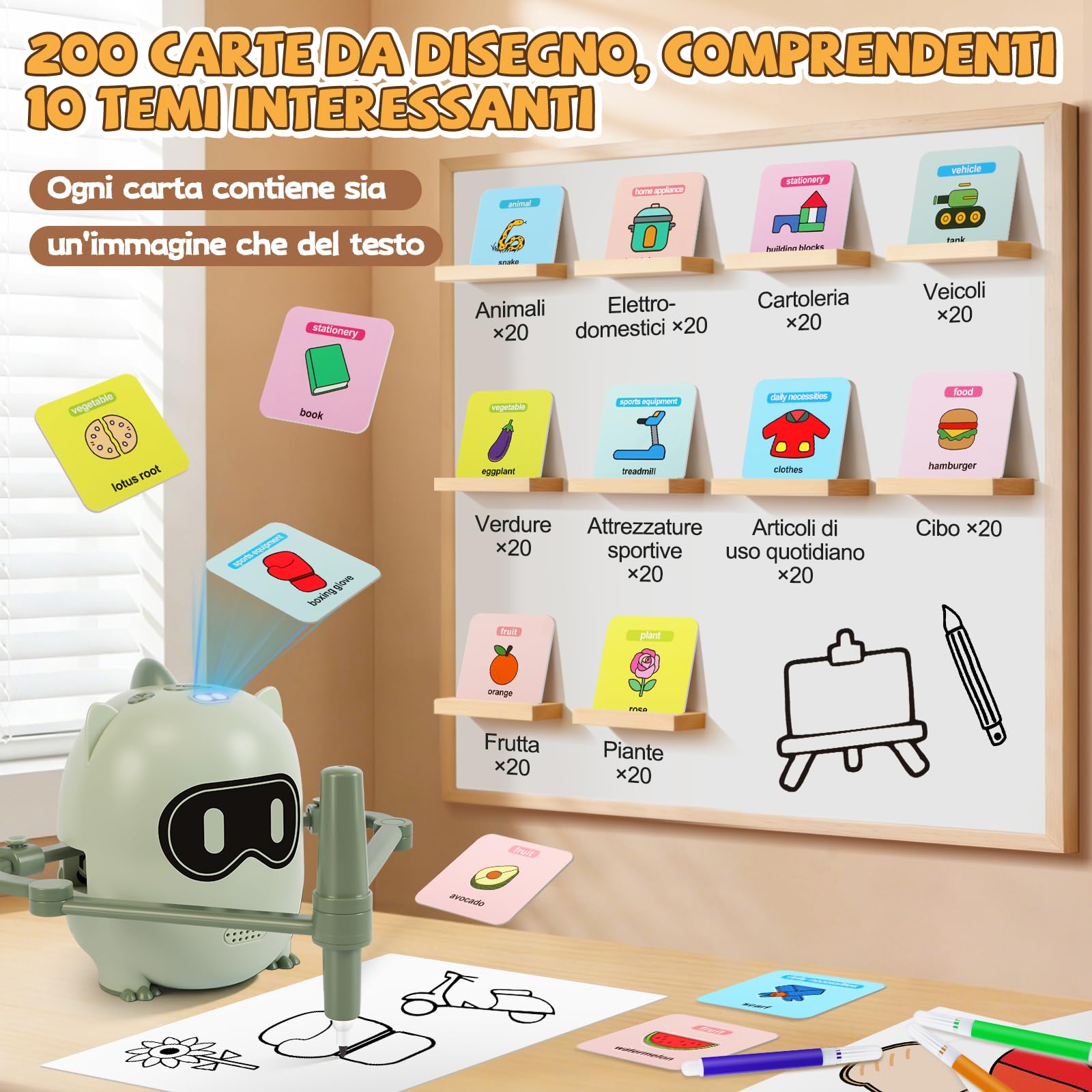 Charmofun Robot da colorare per bambini, 200 carte educative, robot da disegno per bambini con riconoscimento della fotocamera, macchina da disegno educativa interattiva, giocattolo educativo