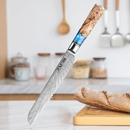 Miniatura 5 de XT XITUO Cuchillo de pan de acero de Damasco, 7.5 pulgadas, colección Tsunami, núcleo de acero japonés VG10 de 67 capas, mango único de resina azul,