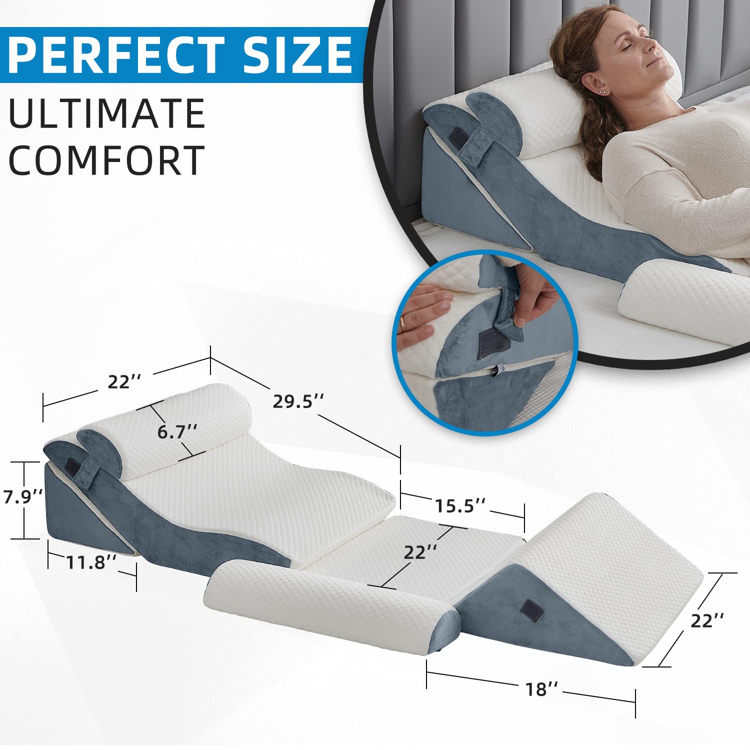 6PCS Orthopedic Bed Wedge Pillow Set, Post Surgery Foam for Back, Neck and Leg Pain Relief Comfortable & Adjustable Ortho Pillows- Anti Snoring, Heartburn, Acid Reflux & GERD Sleeping White Navy