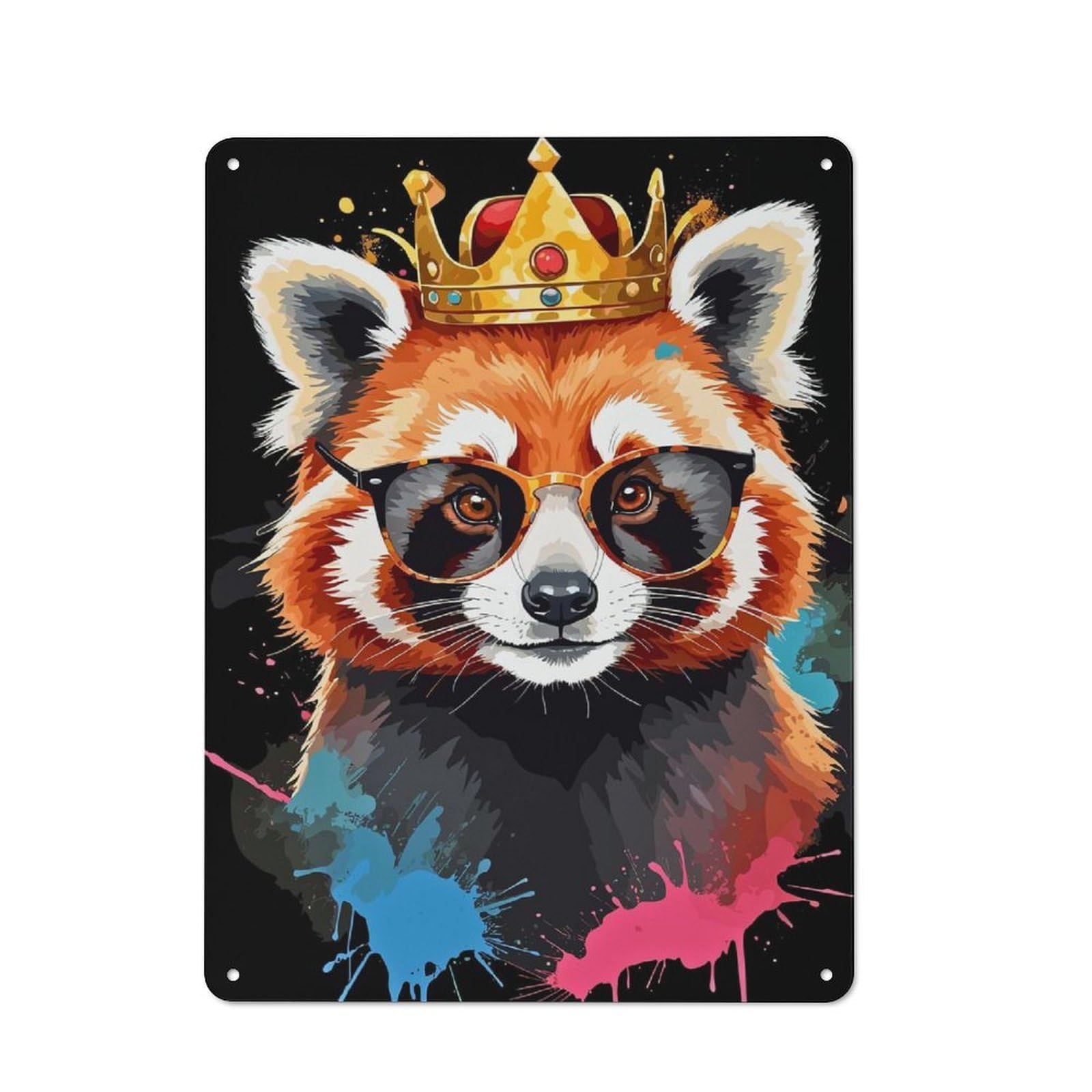 Junmoney Style-11 Red Panda King With Glasses Workshop Style Metal Wall Decor 40X30cm, Decorative Metal Plaque For Garage, Workshop, Shed Or Utility Room