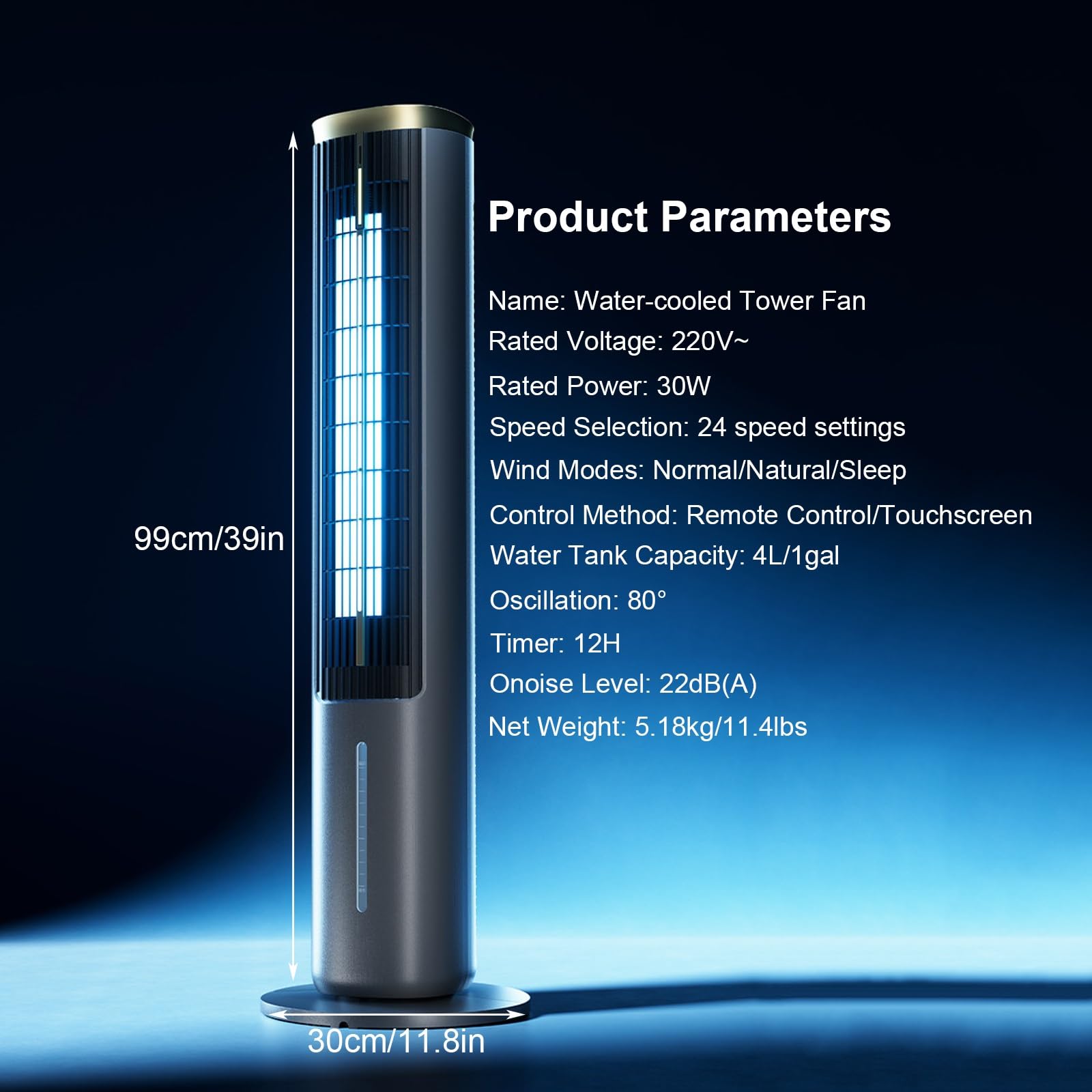 Wentylator Wieżowy Chłodzony Wodą o Średnicy 99cm, Chłodnica Parowa | 4-litrowym Zbiornikiem na Wodę, Oscylacja 80°, 12-godzinny Timer, Cichy Sen 22dB, do Sypialni, Salonu, Biura