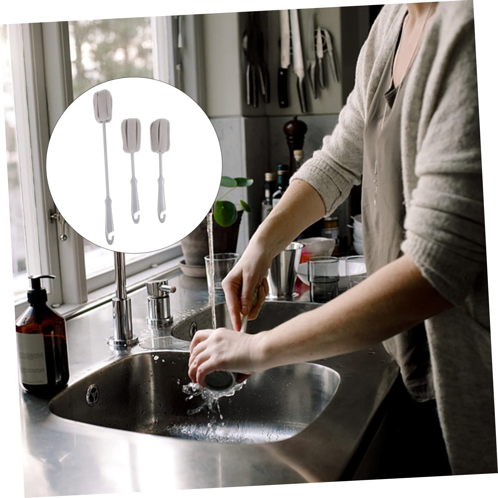 SEWOART 6 Pcs Cup Brush Bottle Cleaner Tube Cleaning Brush Water Bottle Handle Bottle Brush Cup Cleaner Empty Diffuser Bottles Pan Scrubber Bottle Brush Cleaner Grey Sponge