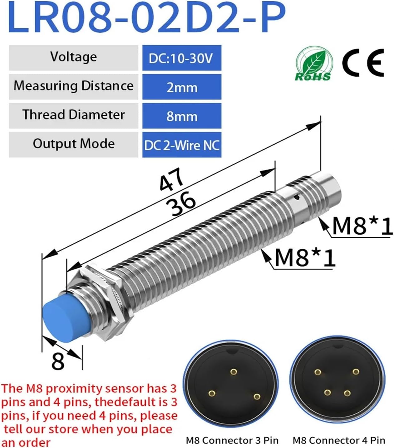 Connector inductive Proximity Switch Sensor pluggable M8 Series 3pin 4pin NPN PNP Sensing Distance 2mm 1mm Non-Flush 6-36V(2mm Dc 2-Wire Nc)