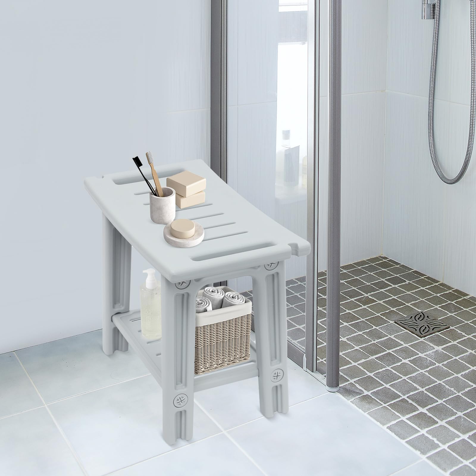Taburete de ducha con estante, silla de ducha para personas mayores, soporta 70 kg, antideslizante, estable y cómodo, taburete de baño ligero, 56 x 32 x 46 cm, gris