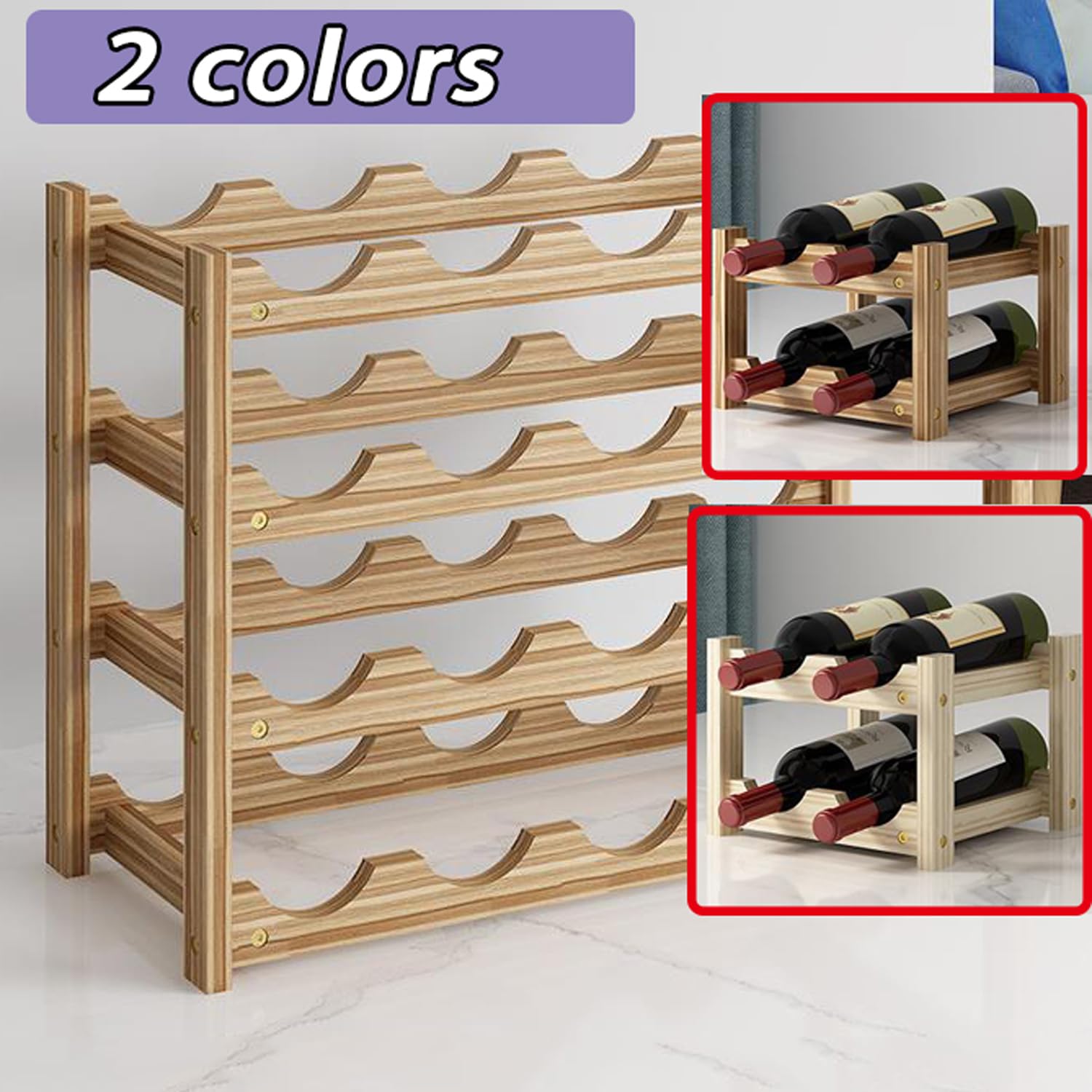 Soporte de exhibición de botellas de vino, estante de vino de madera para armario, cocina, despensa, organizador de almacenamiento de botellas de fácil montaje (2 niveles, 10 botellas, oscuro)