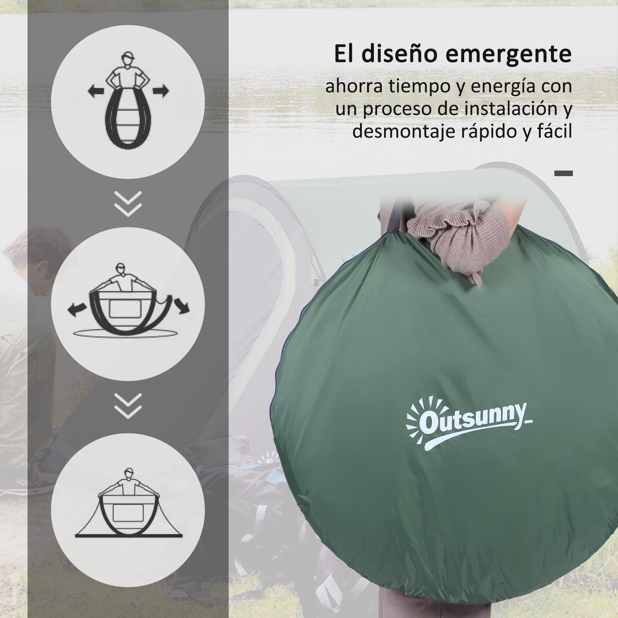 Outsunny Tienda de Campaña Pop-up Impermeable 3000 mm Anti-UV 250x150x100cm para 1-2 Personas Verde