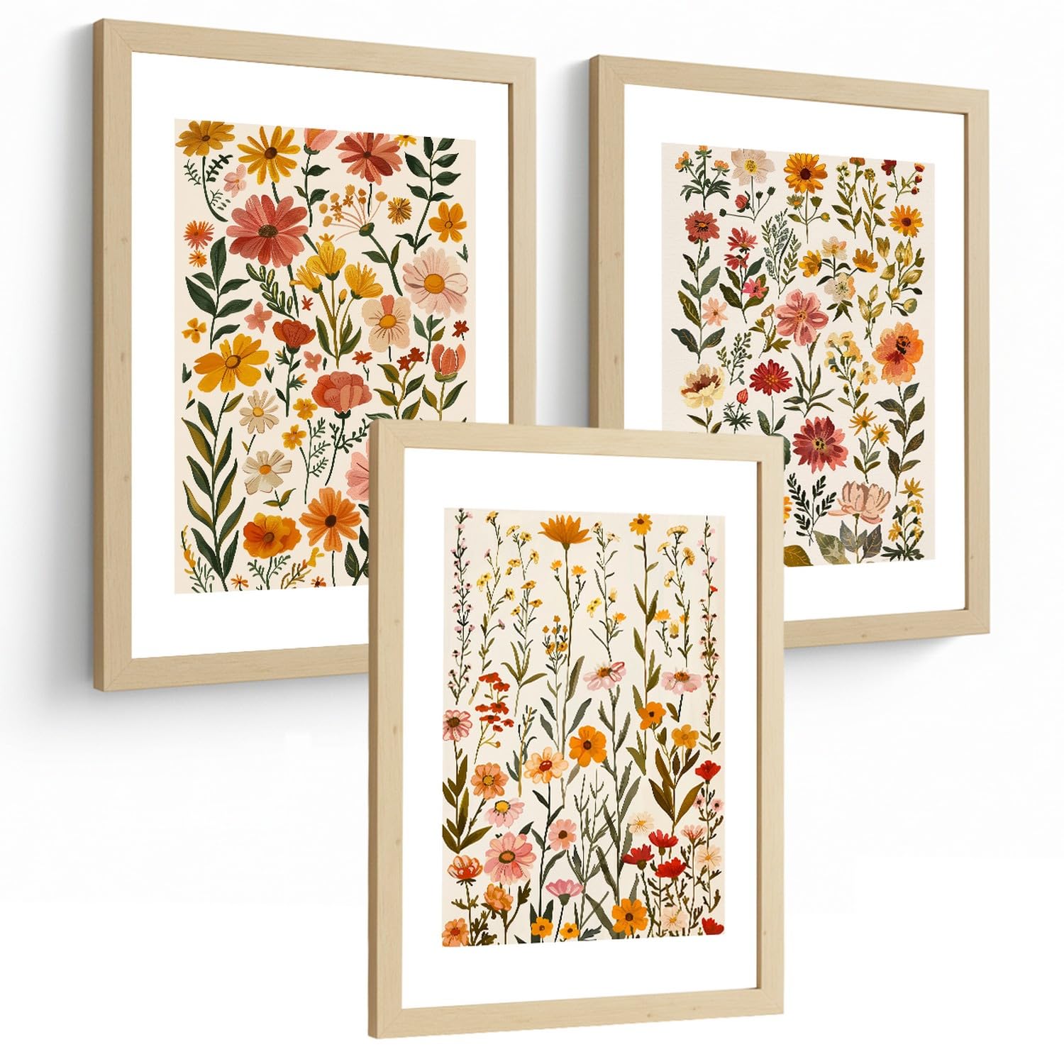 Nacnic Lot De 3 Affiches Fleurs Sauvages – Décoration Murale Champêtre, Salon Moderne Chambre Cuisine Salle De Bain A3 Cadre En Bois Léger