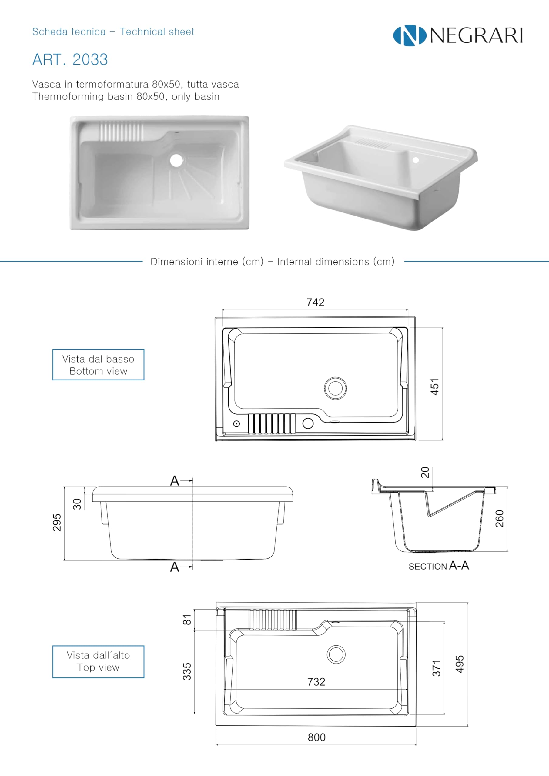 Negrari Vasca ad appoggio in resina PP per Lavatoio, Resistente all'umidità, Resistente agli acidi di uso comune, Kit di scarico incluso, Interno e Esterno, L80 x P50 x H30 cm, Bianco