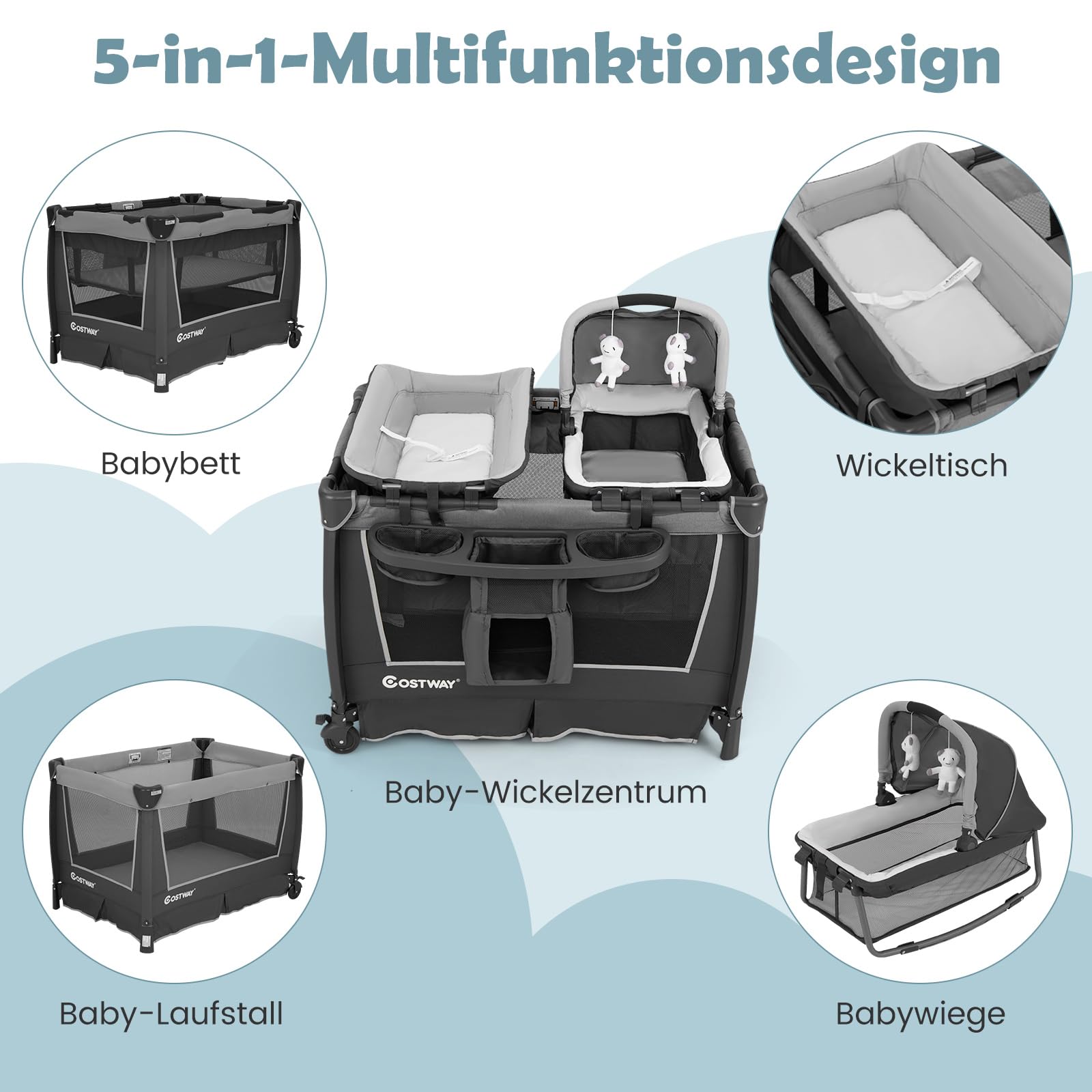 DREAMADE 5 in 1 Babybett, Reisebett Baby mit Matratze, verstellbarem Baldachin, Wickeltisch & Laufstall, Platzsparendes Beistellbett mit Tragetasche für Baby 0-36 Monaten (Grau)